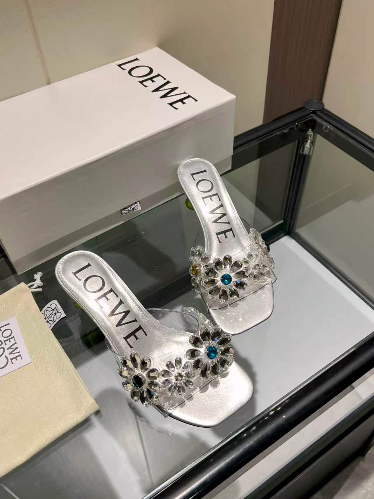 Loewe Rhinestone Floral Decor Square Toe Heel Slid