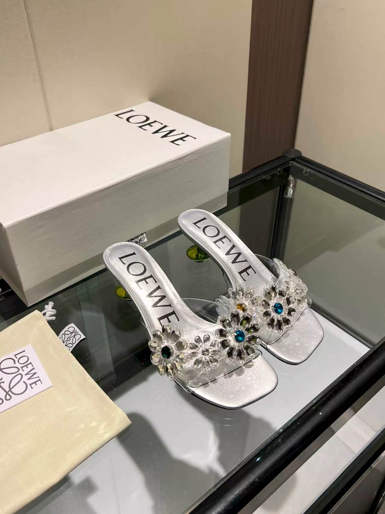 Loewe Rhinestone Floral Decor Square Toe Heel Slid