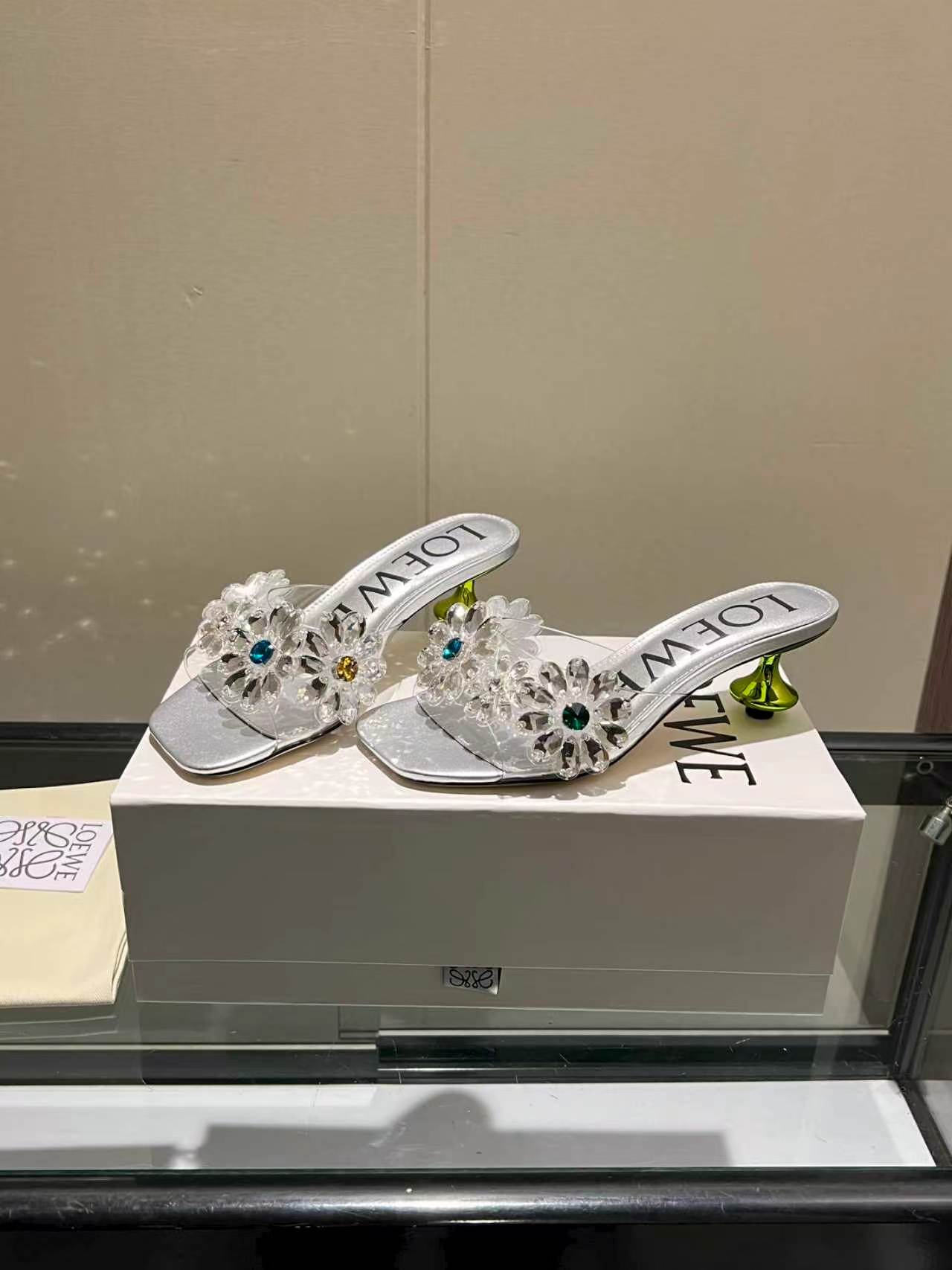 Loewe Rhinestone Floral Decor Square Toe Heel Slid