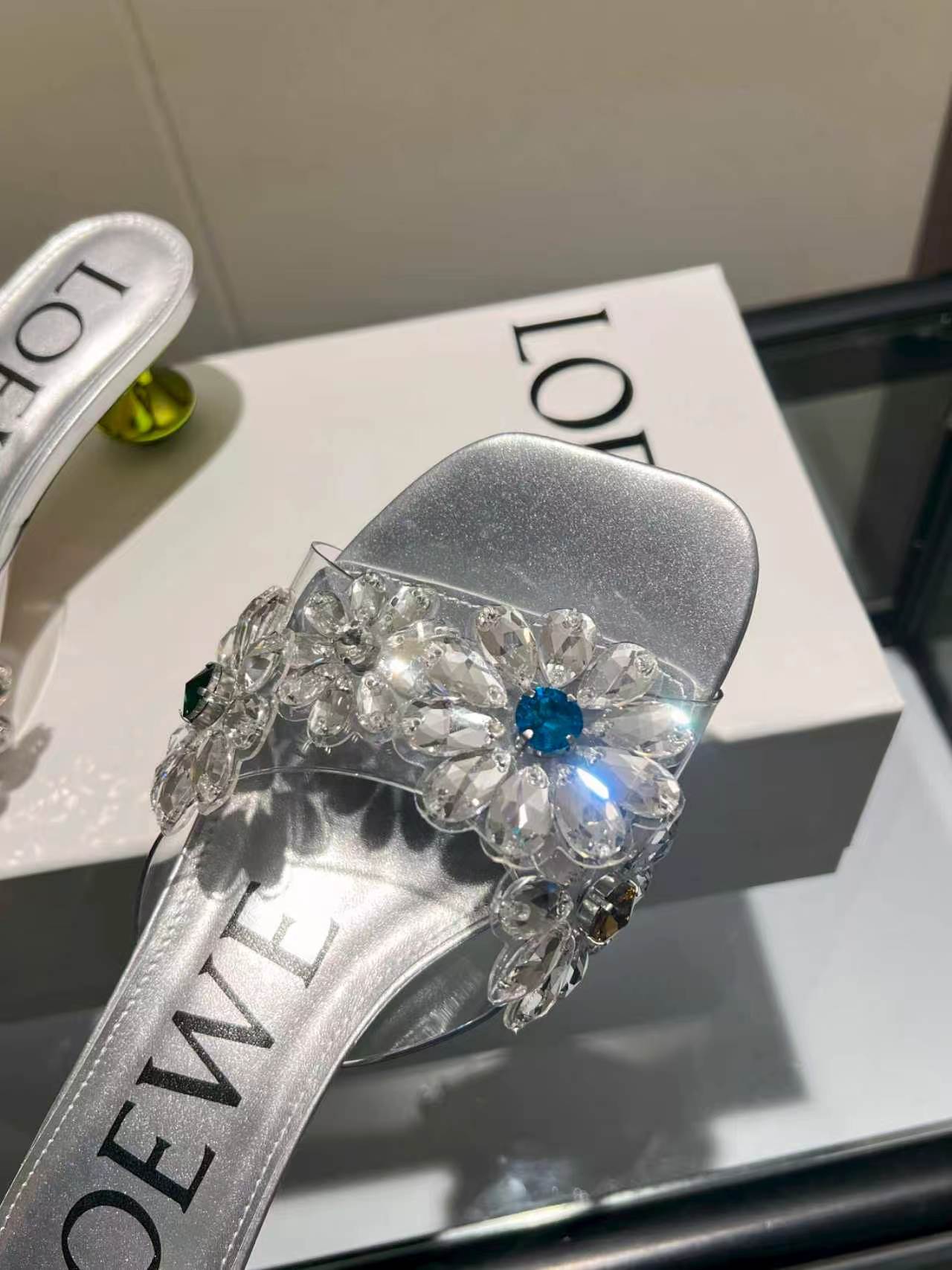 Loewe Rhinestone Floral Decor Square Toe Heel Slid