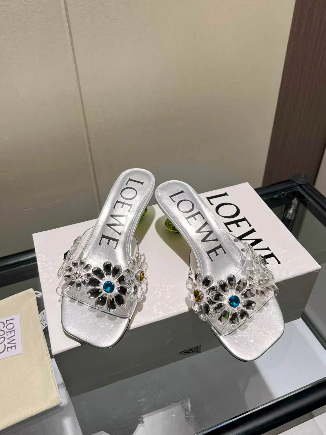 Loewe Rhinestone Floral Decor Square Toe Heel Slid