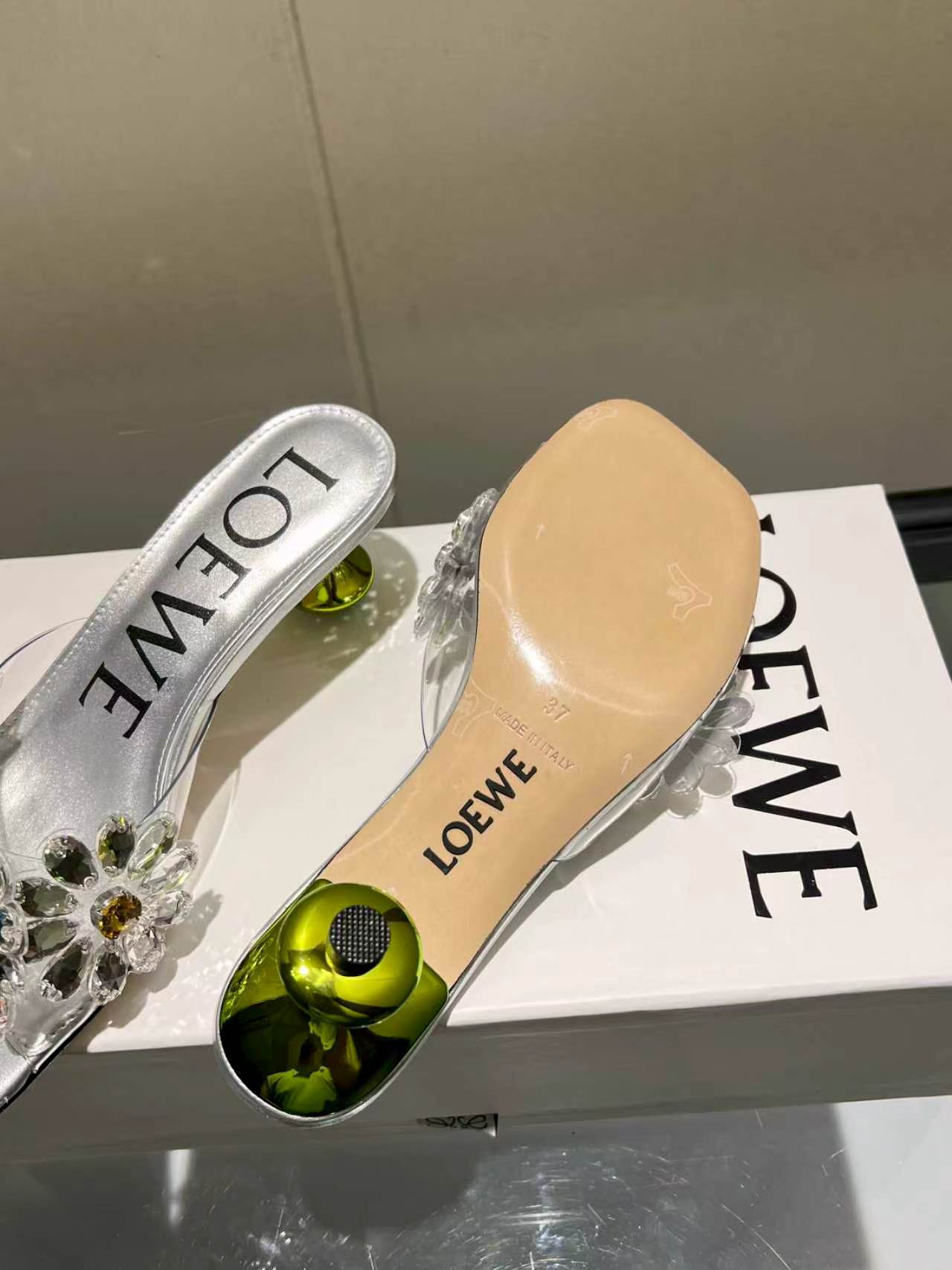 Loewe Rhinestone Floral Decor Square Toe Heel Slid