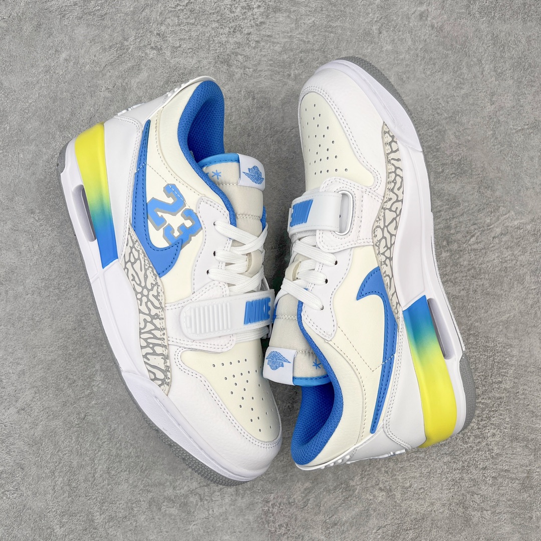 图片[3]-💰220 ＃KZ神版 Air Jordan Legacy AJ312 Low 低帮复古篮球鞋 白蓝 FJ7223-141 市场最强独一档产物 全套原纸板楦头开发 原厂大底磨具加持立体防滑纹理 原档数据后跟TPU子母扣魔术贴 原装可视Air Sole气垫 原汁原味最完美的312代版型 唯一正确鞋头趴度弧度高度鞋身腰线 进口港宝加持 后跟自然饱满 全鞋荧光划线卡点 追求极致完美 每一双都是工艺品 多重QC质检 超越公司货的品控标准 实实在在的免检产品 鞋身采用了皮革材质打造 横跨鞋面的魔术贴十分吸睛 侧面的Swoosh Logo的一部分被鞋面遮挡了一部分 颇具玩味 魔术贴上标有NK标识 而鞋舌上是Jordan的经典红色飞翼Logo 后跟和鞋底均采用了AJ3的设计 后跟上同样也使用了经典的爆裂纹图案 SIZE：36 36.5 37.5 38 38.5 39 40 40.5 41 42 42.5 43 44 44.5 45 46 47.5 编码：by2936090-运动鞋