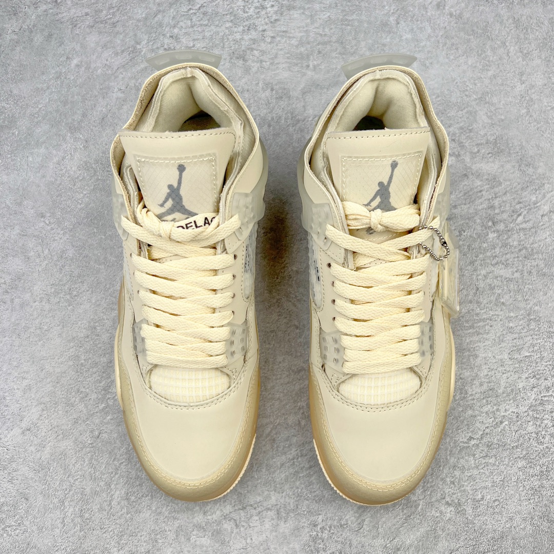 图片[2]-＃PB福利特价 Off-White™ x Air Jordan AJ4 Retro\\\”Cream/Sail\\\”“OW联名白帆”CV9388-100 耗时半年巨作 40余配色陆续出货 全套原纸板楦头开发 调试30余版 确保原汁原味完美呈现四代版型 一比一鞋头弧度高度趴度鞋身弧度 此版本只针对中端市场 皮料材质有所更替 其他数据细节工艺流程均保持公司一致 细节品控鞋型随意秒杀市面3XX 4XX 原厂TPU网格鞋带扣 正确内里网布 菱角分明不变形无多余毛边 柔软性质感一致于原鞋 原厂织唛标 原厂飞人电绣工艺 独家绑鞋带手法 印刷中底布 四线拉帮 米色美纹纸贴合固定 进口港宝加持 后跟自然饱满 全鞋荧光划线卡点 追求极致完美 每一双都是工艺品 多重QC质检 超越公司货的品控标准 实实在在的免检产品 尺码：40 40.5 41 42 42.5 43 44 44.5 45 46 47.5-选品中心