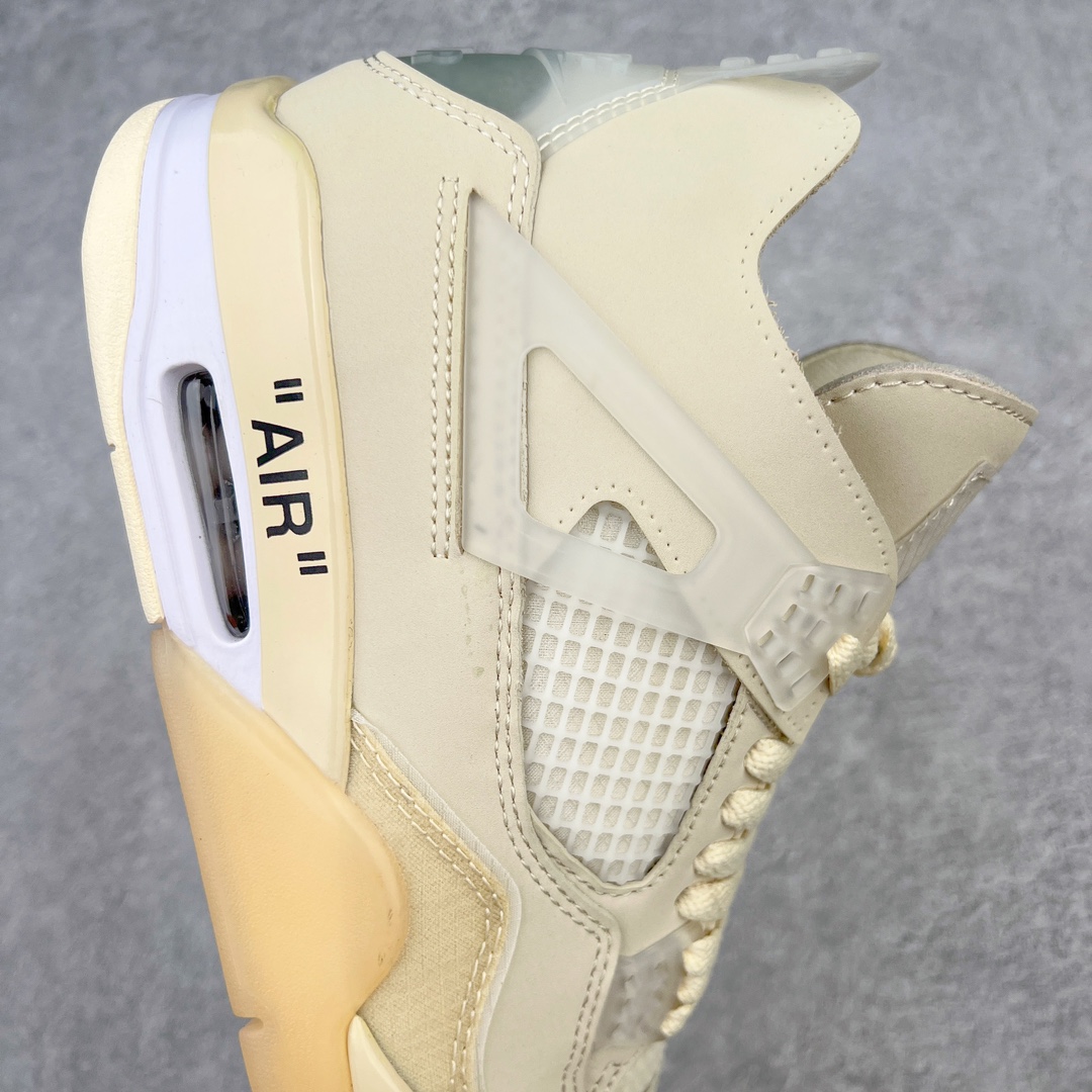 图片[6]-＃PB福利特价 Off-White™ x Air Jordan AJ4 Retro\\\”Cream/Sail\\\”“OW联名白帆”CV9388-100 耗时半年巨作 40余配色陆续出货 全套原纸板楦头开发 调试30余版 确保原汁原味完美呈现四代版型 一比一鞋头弧度高度趴度鞋身弧度 此版本只针对中端市场 皮料材质有所更替 其他数据细节工艺流程均保持公司一致 细节品控鞋型随意秒杀市面3XX 4XX 原厂TPU网格鞋带扣 正确内里网布 菱角分明不变形无多余毛边 柔软性质感一致于原鞋 原厂织唛标 原厂飞人电绣工艺 独家绑鞋带手法 印刷中底布 四线拉帮 米色美纹纸贴合固定 进口港宝加持 后跟自然饱满 全鞋荧光划线卡点 追求极致完美 每一双都是工艺品 多重QC质检 超越公司货的品控标准 实实在在的免检产品 尺码：40 40.5 41 42 42.5 43 44 44.5 45 46 47.5-选品中心