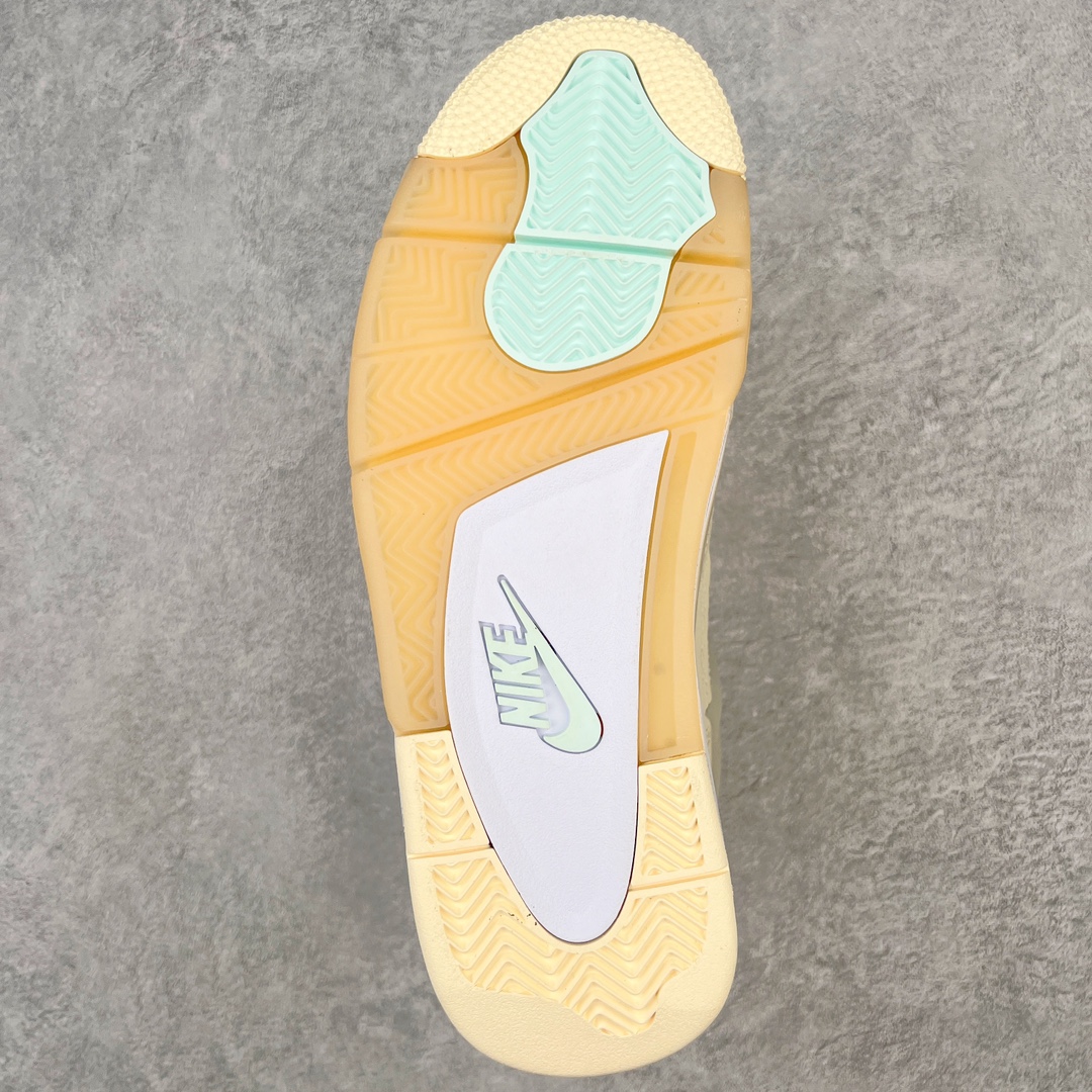 图片[9]-＃PB福利特价 Off-White™ x Air Jordan AJ4 Retro\\\”Cream/Sail\\\”“OW联名白帆”CV9388-100 耗时半年巨作 40余配色陆续出货 全套原纸板楦头开发 调试30余版 确保原汁原味完美呈现四代版型 一比一鞋头弧度高度趴度鞋身弧度 此版本只针对中端市场 皮料材质有所更替 其他数据细节工艺流程均保持公司一致 细节品控鞋型随意秒杀市面3XX 4XX 原厂TPU网格鞋带扣 正确内里网布 菱角分明不变形无多余毛边 柔软性质感一致于原鞋 原厂织唛标 原厂飞人电绣工艺 独家绑鞋带手法 印刷中底布 四线拉帮 米色美纹纸贴合固定 进口港宝加持 后跟自然饱满 全鞋荧光划线卡点 追求极致完美 每一双都是工艺品 多重QC质检 超越公司货的品控标准 实实在在的免检产品 尺码：40 40.5 41 42 42.5 43 44 44.5 45 46 47.5-选品中心