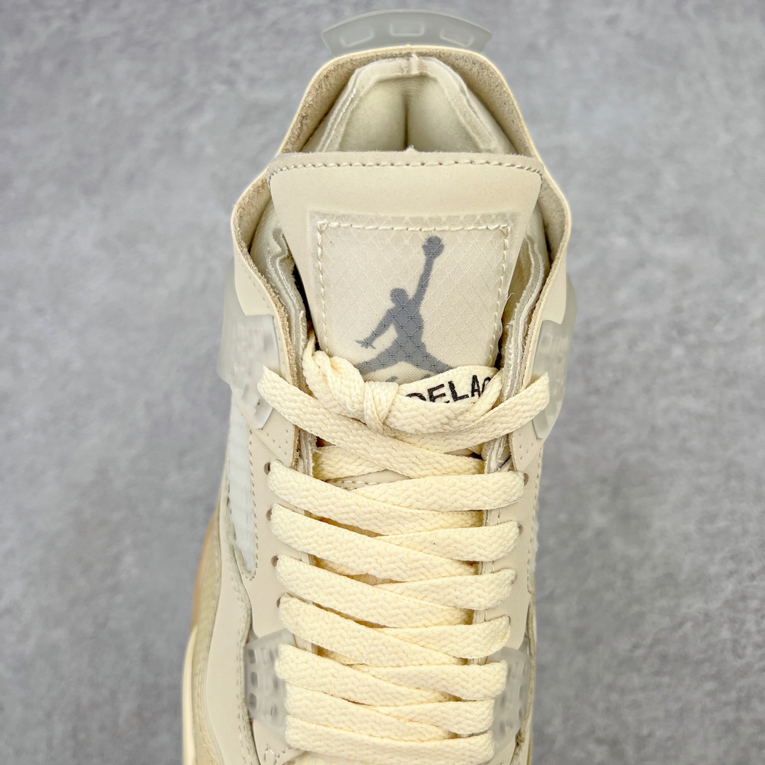 图片[5]-＃PB福利特价 Off-White™ x Air Jordan AJ4 Retro\\\”Cream/Sail\\\”“OW联名白帆”CV9388-100 耗时半年巨作 40余配色陆续出货 全套原纸板楦头开发 调试30余版 确保原汁原味完美呈现四代版型 一比一鞋头弧度高度趴度鞋身弧度 此版本只针对中端市场 皮料材质有所更替 其他数据细节工艺流程均保持公司一致 细节品控鞋型随意秒杀市面3XX 4XX 原厂TPU网格鞋带扣 正确内里网布 菱角分明不变形无多余毛边 柔软性质感一致于原鞋 原厂织唛标 原厂飞人电绣工艺 独家绑鞋带手法 印刷中底布 四线拉帮 米色美纹纸贴合固定 进口港宝加持 后跟自然饱满 全鞋荧光划线卡点 追求极致完美 每一双都是工艺品 多重QC质检 超越公司货的品控标准 实实在在的免检产品 尺码：40 40.5 41 42 42.5 43 44 44.5 45 46 47.5-选品中心