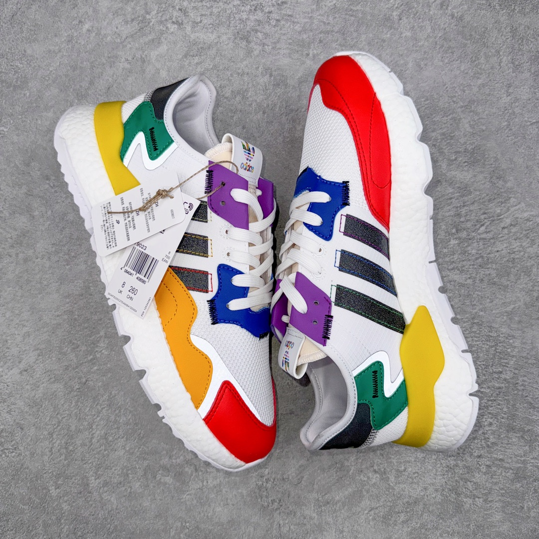 图片[3]-＃纯原福利 AD originals Nite Jogger Pride 夜行者减震耐磨低帮反光复古休闲百搭运动跑鞋 原厂材料 原厂大底 原装工艺 原鞋一致 记忆海绵 鞋眼使用原鞋一致电绣加针车工艺 后跟全部一致采用原鞋工艺 四针六线进口机 区别市面三针五线 头层皮打造 原厂流水标 3D喷漆 瞄漆 私家独模 网布搭配麂皮拼接打造鞋面 极具复古风格鞋头及鞋跟点缀3M反光设计 极为亮眼中底采用全掌Boost科技 厚度相当可观 脚感极佳 尺码：36 36⅔ 37⅓ 38 38⅔ 39⅓ 40 40⅔ 41⅓ 42 42⅔ 43⅓ 44 45-选品中心