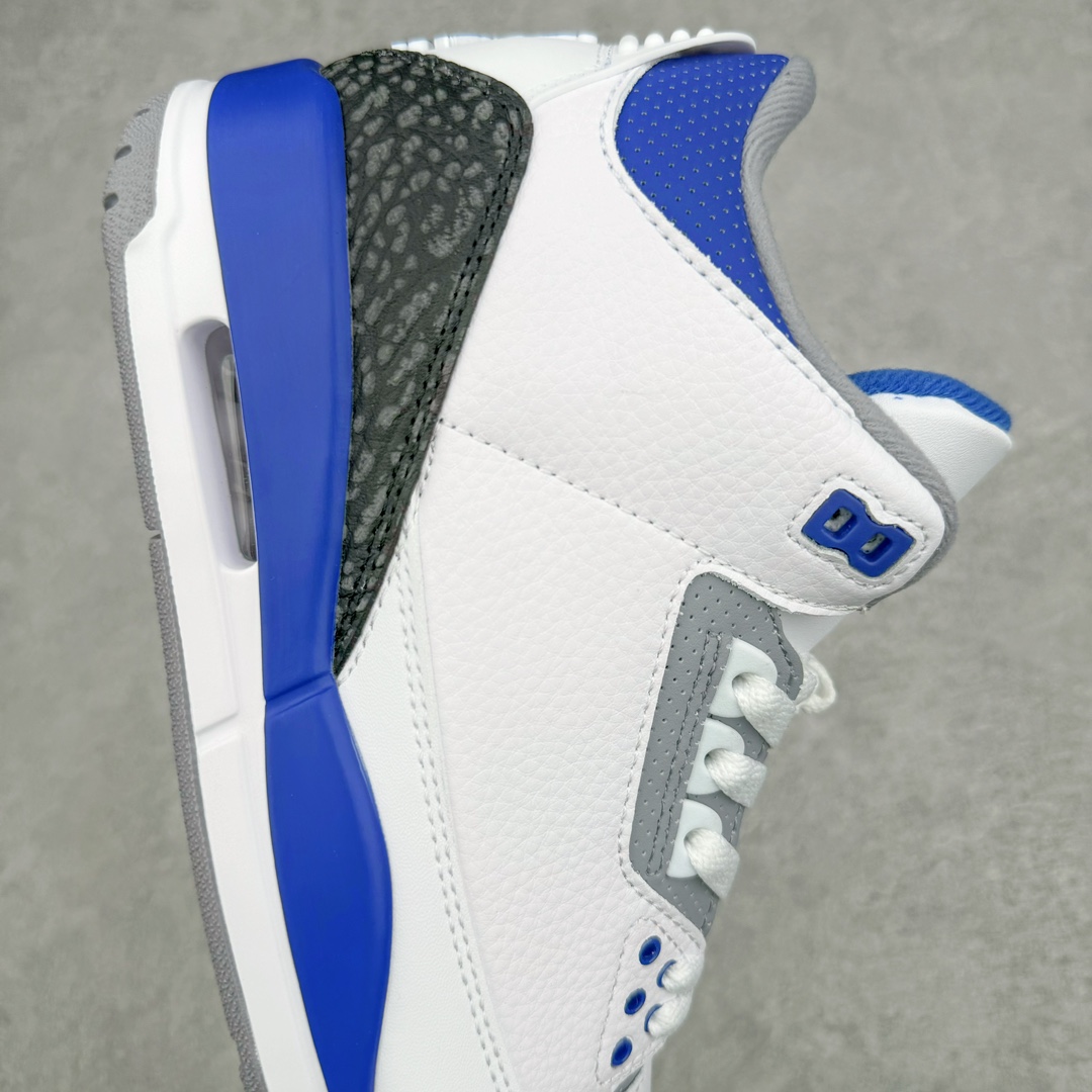 图片[6]-💰130 ＃PB版 福利特价‼Air Jordan AJ3 Retro 小闪电白蓝 CT8532-145 市场中端王者 全套原纸板楦头开发 原厂大底磨具加持立体防滑纹理 原装可视Air Sole气垫 原汁原味最完美的三代版型 唯一正确鞋头趴度弧度高度鞋身腰线 此版本只针对中端市场 皮料材质有所更替 其他数据细节工艺流程均保持一致 绝不口嗨 细节品控鞋型随意秒杀市面3XX 4XX 原厂TPU后跟饰片 正确内里反口里网布 皮料菱角分明不变形无多余毛边 正确手工大底描漆拉丝 市场唯一原厂鞋扣模具 原厂织唛标 原厂飞人电绣工艺 尾指中部跳三针 独家绑鞋带手法 印刷中底布 四线拉帮 米色美纹纸贴合固定 进口港宝加持 后跟自然饱满 全鞋荧光划线卡点 追求极致完美 每一双都是工艺品 多重QC质检 超越公司货的品控标准 实实在在的免检产品 尺码：40 40.5 41 42 42.5 43 44 44.5 45 45.5 46 47.5 编码：by2936000-运动鞋