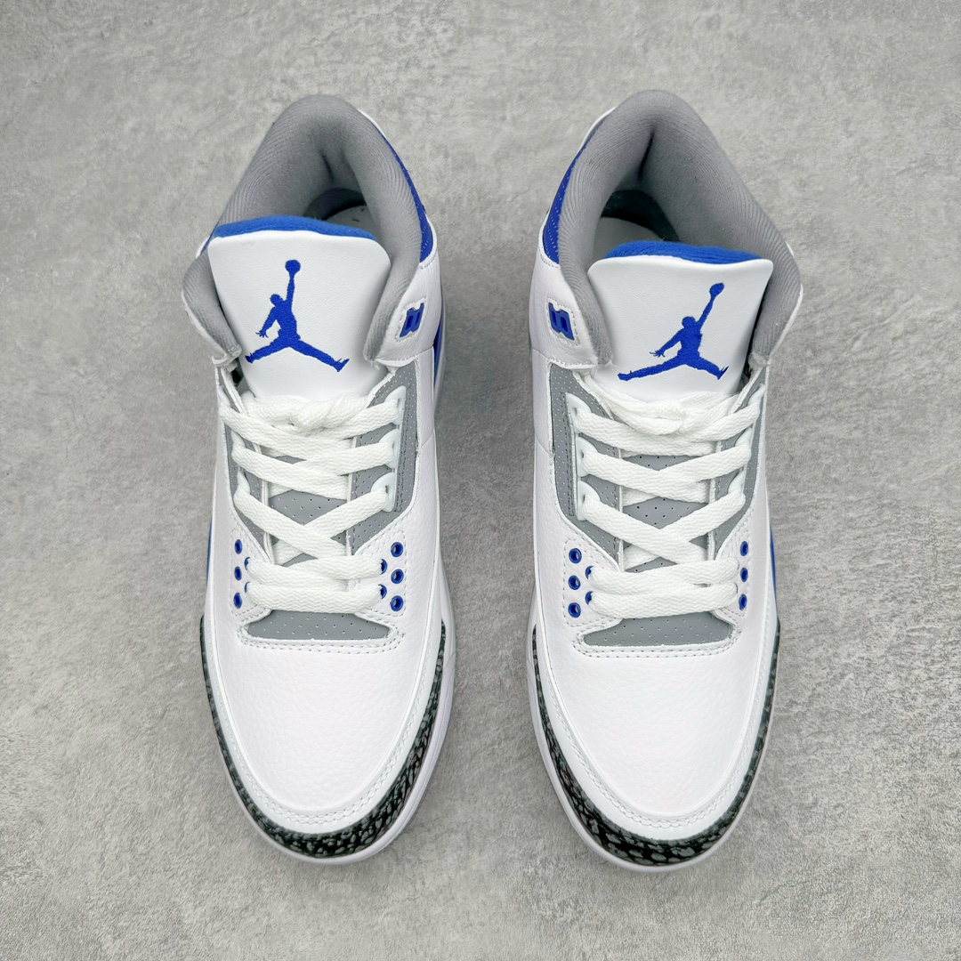 图片[2]-💰130 ＃PB版 福利特价‼Air Jordan AJ3 Retro 小闪电白蓝 CT8532-145 市场中端王者 全套原纸板楦头开发 原厂大底磨具加持立体防滑纹理 原装可视Air Sole气垫 原汁原味最完美的三代版型 唯一正确鞋头趴度弧度高度鞋身腰线 此版本只针对中端市场 皮料材质有所更替 其他数据细节工艺流程均保持一致 绝不口嗨 细节品控鞋型随意秒杀市面3XX 4XX 原厂TPU后跟饰片 正确内里反口里网布 皮料菱角分明不变形无多余毛边 正确手工大底描漆拉丝 市场唯一原厂鞋扣模具 原厂织唛标 原厂飞人电绣工艺 尾指中部跳三针 独家绑鞋带手法 印刷中底布 四线拉帮 米色美纹纸贴合固定 进口港宝加持 后跟自然饱满 全鞋荧光划线卡点 追求极致完美 每一双都是工艺品 多重QC质检 超越公司货的品控标准 实实在在的免检产品 尺码：40 40.5 41 42 42.5 43 44 44.5 45 45.5 46 47.5 编码：by2936000-运动鞋