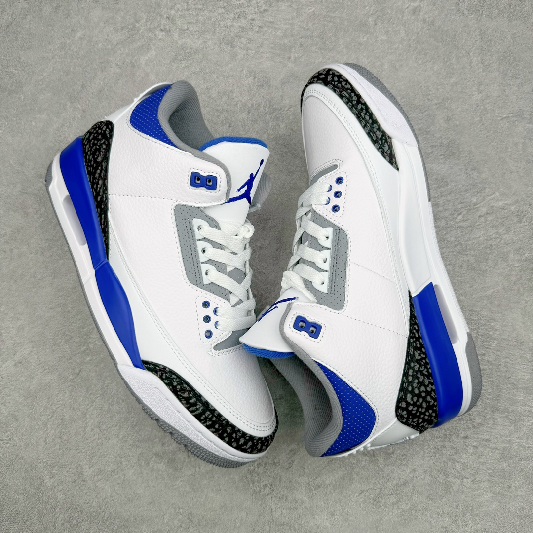 图片[3]-💰130 ＃PB版 福利特价‼Air Jordan AJ3 Retro 小闪电白蓝 CT8532-145 市场中端王者 全套原纸板楦头开发 原厂大底磨具加持立体防滑纹理 原装可视Air Sole气垫 原汁原味最完美的三代版型 唯一正确鞋头趴度弧度高度鞋身腰线 此版本只针对中端市场 皮料材质有所更替 其他数据细节工艺流程均保持一致 绝不口嗨 细节品控鞋型随意秒杀市面3XX 4XX 原厂TPU后跟饰片 正确内里反口里网布 皮料菱角分明不变形无多余毛边 正确手工大底描漆拉丝 市场唯一原厂鞋扣模具 原厂织唛标 原厂飞人电绣工艺 尾指中部跳三针 独家绑鞋带手法 印刷中底布 四线拉帮 米色美纹纸贴合固定 进口港宝加持 后跟自然饱满 全鞋荧光划线卡点 追求极致完美 每一双都是工艺品 多重QC质检 超越公司货的品控标准 实实在在的免检产品 尺码：40 40.5 41 42 42.5 43 44 44.5 45 45.5 46 47.5 编码：by2936000-运动鞋