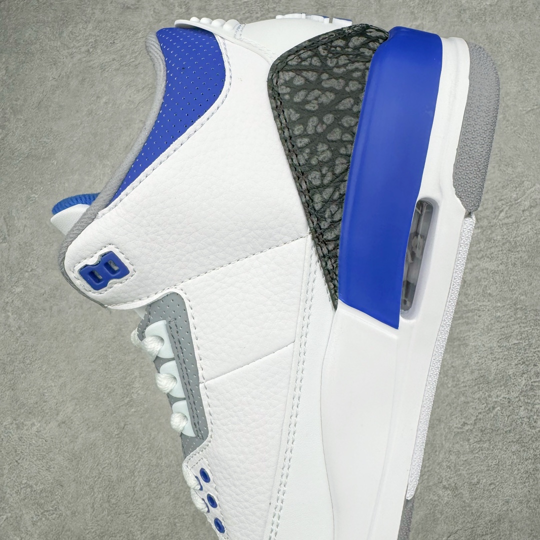 图片[7]-💰130 ＃PB版 福利特价‼Air Jordan AJ3 Retro 小闪电白蓝 CT8532-145 市场中端王者 全套原纸板楦头开发 原厂大底磨具加持立体防滑纹理 原装可视Air Sole气垫 原汁原味最完美的三代版型 唯一正确鞋头趴度弧度高度鞋身腰线 此版本只针对中端市场 皮料材质有所更替 其他数据细节工艺流程均保持一致 绝不口嗨 细节品控鞋型随意秒杀市面3XX 4XX 原厂TPU后跟饰片 正确内里反口里网布 皮料菱角分明不变形无多余毛边 正确手工大底描漆拉丝 市场唯一原厂鞋扣模具 原厂织唛标 原厂飞人电绣工艺 尾指中部跳三针 独家绑鞋带手法 印刷中底布 四线拉帮 米色美纹纸贴合固定 进口港宝加持 后跟自然饱满 全鞋荧光划线卡点 追求极致完美 每一双都是工艺品 多重QC质检 超越公司货的品控标准 实实在在的免检产品 尺码：40 40.5 41 42 42.5 43 44 44.5 45 45.5 46 47.5 编码：by2936000-运动鞋