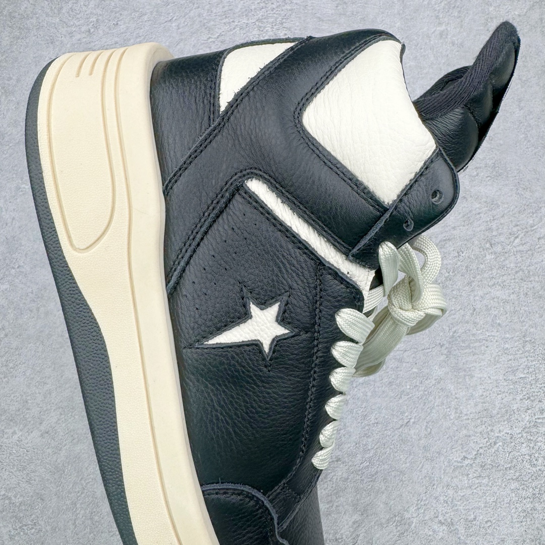 图片[6]-💰460 ＃纯原 Rick Owens DRKSHDW x Converse TURBODRK Weapon RO瑞克欧文斯匡威联名摩登厚底运动板鞋 黑白 以 80 年代的经典篮球鞋 Weapon 为灵感 带来新诠释 超厚鞋底 高帮鞋身以及夸张的鞋舌设计都充满 Rick Owens 式的美学  原厂楦头纸板裁片完全1:1对位复模 这样最后合模拼接的时候鞋型才能以最完美的形态展现 区别于市面上所有看图做货版本 导致整个鞋型完全不对味 臃肿肥胖 根本没有展现出原版的味道 原版的灵魂就在五角星的位置 不同码数上的比例是有区别的 原版整体是修长的 皮料根据原厂色号经过了历时 3个月无数次修改 终于调整到和原版最为接近的同色摔纹荔枝皮 因为毕竟官方多次补货 官方的皮料颜色或多或少都会有稍微的色差 属于正常现象 我们买回来的几双正品样板也会有区别 鞋底模具重新开模 独立私模三色tpu橡胶组合大底 1个码数一套模具 这样做的好处的码数比较合脚 区别市场上共码普通版本 单色同色橡胶大底 尺码：35 36 37 38 38.5 39 40 40.5 41 42 42.5 43 44 44.5 45 46 编码：by5936030-运动鞋