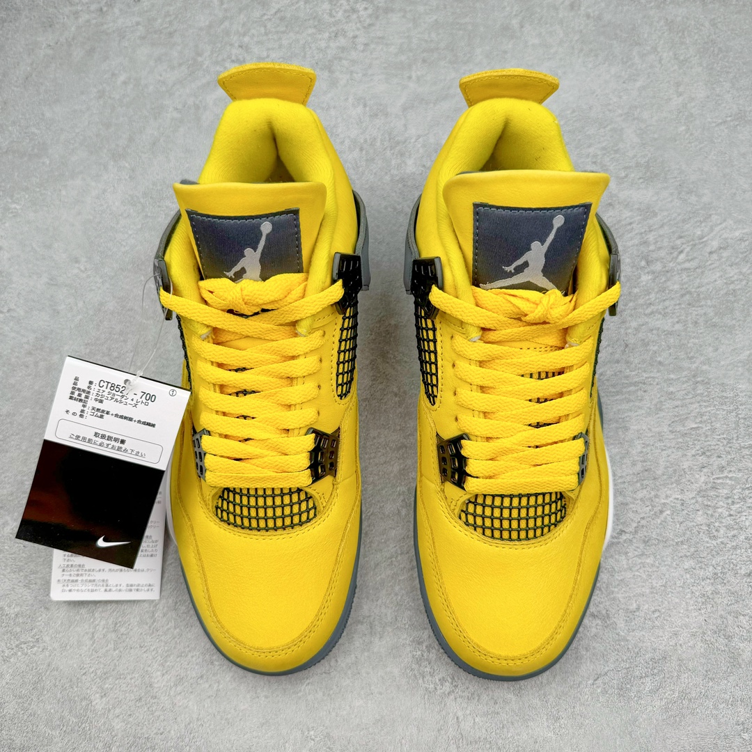 图片[2]-💰390 ＃SZ纯原 Air Jordan AJ4 Retro 黑黄电母 货号：CT8527-700 目前可过各类鉴定或无法鉴定 裸鞋随意操作 第一梯队最新批次 细节多次校对改良 接近完美 细节达到可过鉴定标准 耗时半年巨作 全套原纸板楦头开发 原厂特供皮料加持 确保原汁原味 完美呈现四代版型 一比一鞋头弧度高度鞋身弧度 数据细节工艺流程均保持原鞋一致 原厂TPU网格鞋带扣 正确内里网布 菱角分明不变形无多余毛边 柔软性质感一致于原鞋 原厂织唛标 原厂飞人电绣工艺 尾指中部跳三针 独家绑鞋带手法 印刷中底布 四线拉帮 米色美纹纸贴合固定 进口港宝加持 后跟自然饱满 全鞋荧光划线卡点 追求极致完美 每一双都是工艺品 多重QC质检 超越公司货的品控标准 实实在在的免检产品 尺码：40 40.5 41 42 42.5 43 44 44.5 45 46 47.5 48.5 编码：by4936060-运动鞋