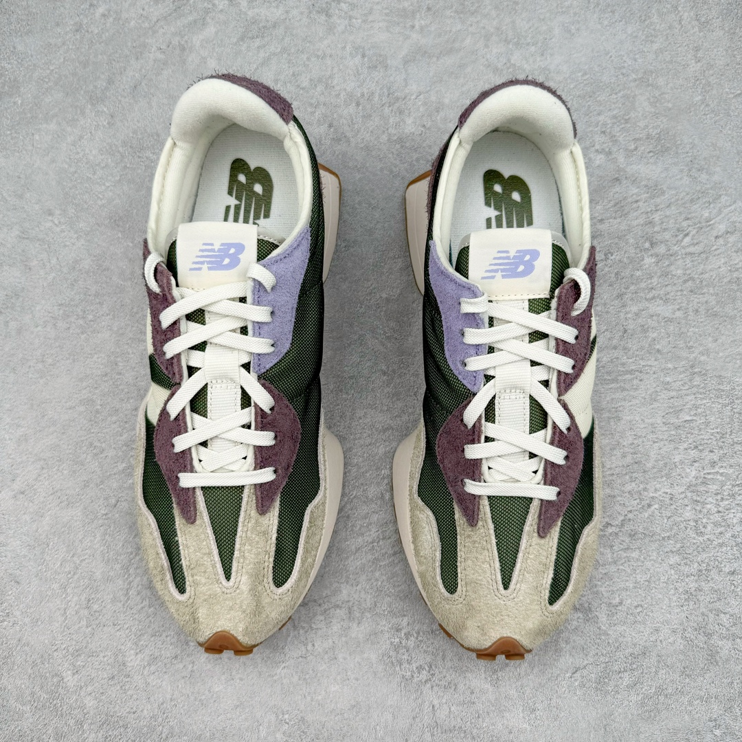 图片[2]-＃M纯原 New Balance NB327 新百伦系列复古休闲运动慢跑鞋 灰绿紫 WS327COB 原厂细翻毛 原数据档案结合二次高弾MD材料打造原版鞋底 鞋面由原厂特殊定制材料纹路细腻 多道序QC把关品质完善 细节完美 以更纯粹的复古风格设计打造的全新造型 侧身还以解构设计 将 N 字标志以做旧压花样式呈现 样式别具新意 而麂皮、冲孔皮革的塑造 则呈现出高级怀旧气质 也让鞋款在奢华时装风格与运动氛围之间达到了平衡 尺码：36 37 37.5 38 38.5 39.5 40 40.5 41.5 42 42.5 43 44 44.5 45 45.5-选品中心