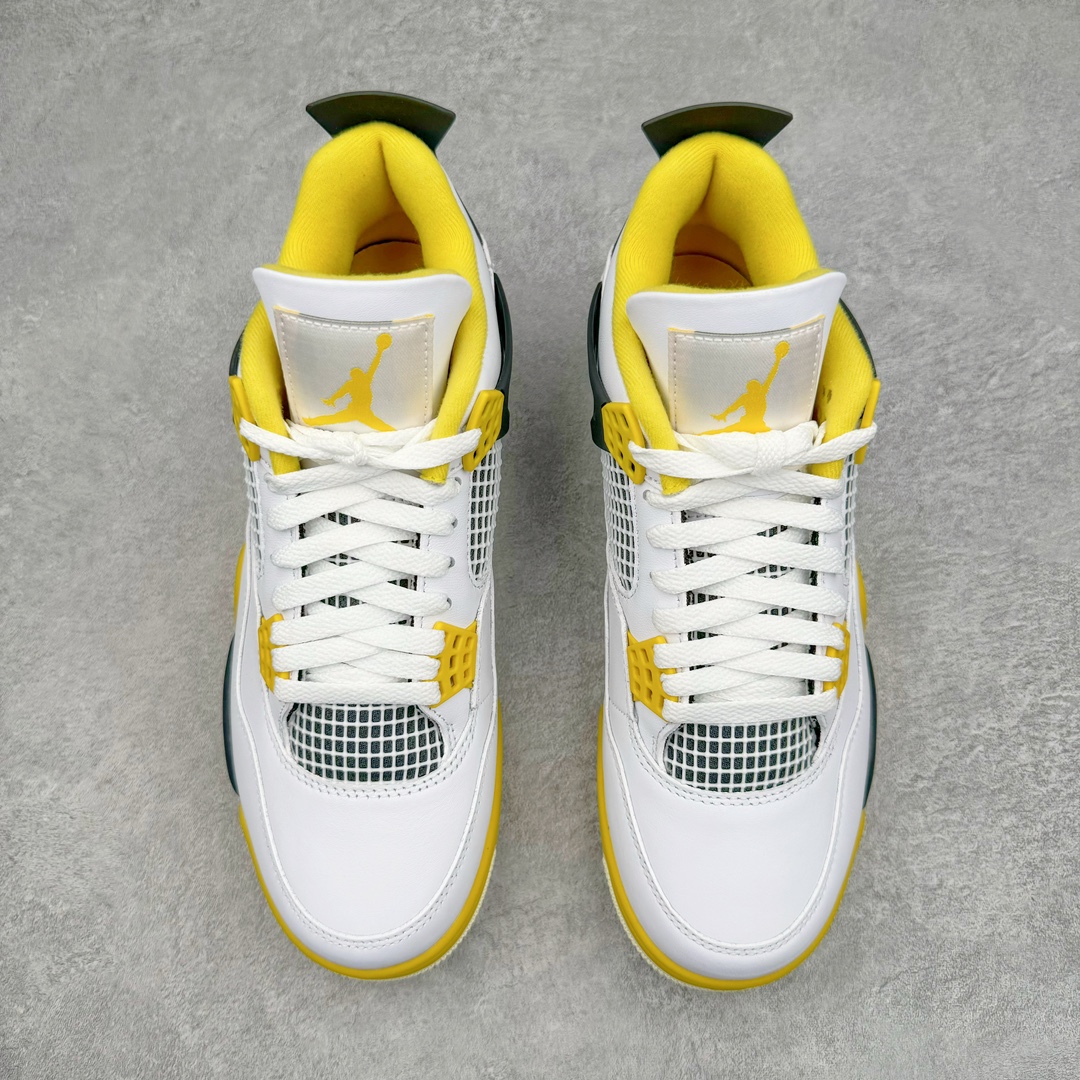 图片[2]-零售💰530 ＃GX Air Jordan AJ4 \”Vivid Sulfur\” 白橙 AQ9129-101 圈内最强四代 独家外贸特供尺码含 45.5 49.5 50.5 耗时半年巨作 全套原纸板楦头开发 原厂特供皮料加持 确保原汁原味 完美呈现四代版型 一比一鞋头弧度高度鞋身弧度 数据细节工艺流程均保持原鞋一致 原厂TPU网格鞋带扣 正确内里网布 菱角分明不变形无多余毛边 柔软性质感一致于原鞋 市场唯一原厂鞋扣模具 背面可见隐藏注塑口 原厂织唛标 原厂飞人电绣工艺 尾指中部跳三针 独家绑鞋带手法 印刷中底布 四线拉帮 米色美纹纸贴合固定 进口港宝加持 后跟自然饱满 全鞋荧光划线卡点 追求极致完美 每一双都是工艺品 多重QC质检 超越公司货的品控标准 实实在在的免检产品 尺码：40 40.5 41 42 42.5 43 44 44.5 45 45.5 46 47.5 48.5 49.5 50.5 编码：by5936030-运动鞋