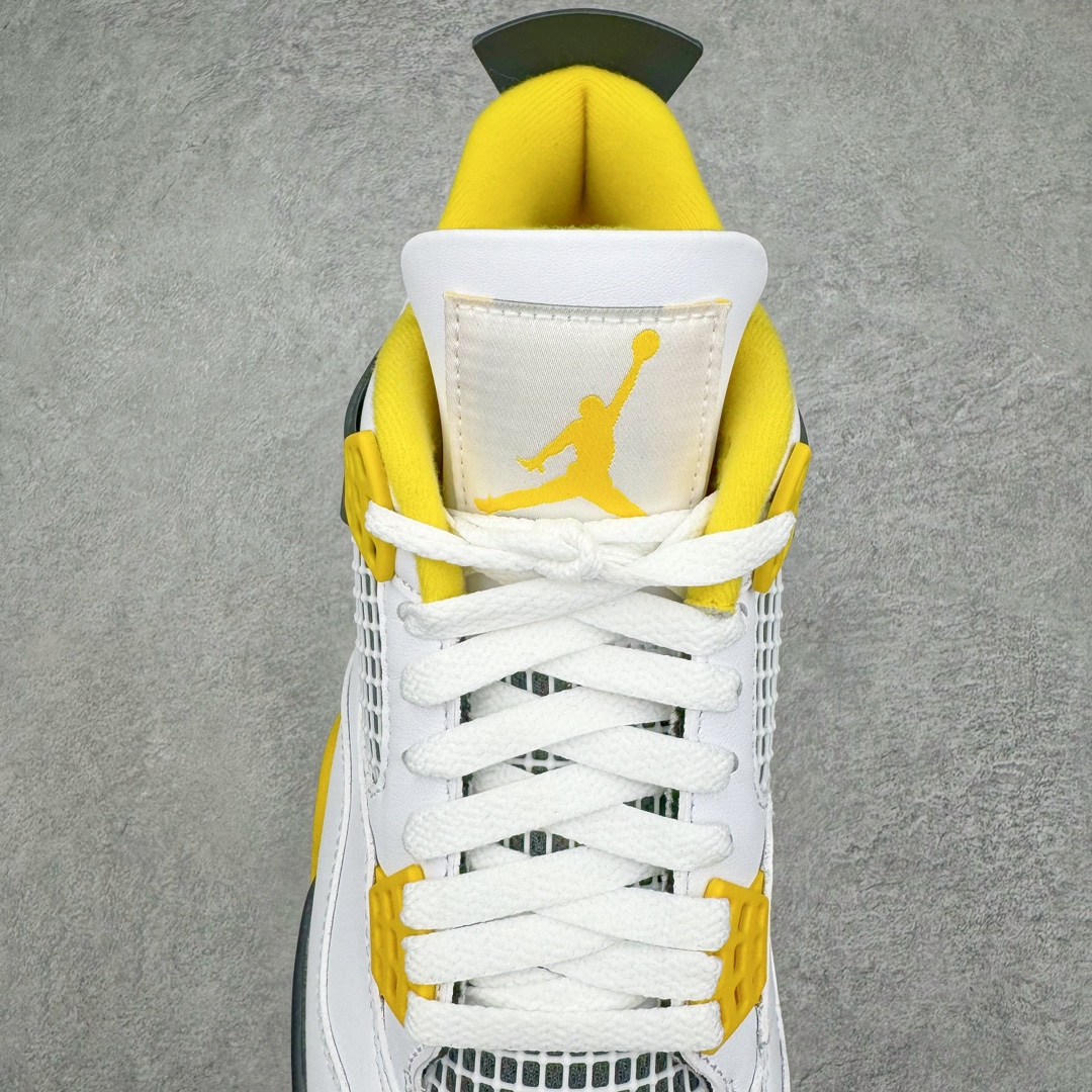 图片[5]-零售💰530 ＃GX Air Jordan AJ4 \”Vivid Sulfur\” 白橙 AQ9129-101 圈内最强四代 独家外贸特供尺码含 45.5 49.5 50.5 耗时半年巨作 全套原纸板楦头开发 原厂特供皮料加持 确保原汁原味 完美呈现四代版型 一比一鞋头弧度高度鞋身弧度 数据细节工艺流程均保持原鞋一致 原厂TPU网格鞋带扣 正确内里网布 菱角分明不变形无多余毛边 柔软性质感一致于原鞋 市场唯一原厂鞋扣模具 背面可见隐藏注塑口 原厂织唛标 原厂飞人电绣工艺 尾指中部跳三针 独家绑鞋带手法 印刷中底布 四线拉帮 米色美纹纸贴合固定 进口港宝加持 后跟自然饱满 全鞋荧光划线卡点 追求极致完美 每一双都是工艺品 多重QC质检 超越公司货的品控标准 实实在在的免检产品 尺码：40 40.5 41 42 42.5 43 44 44.5 45 45.5 46 47.5 48.5 49.5 50.5 编码：by5936030-运动鞋