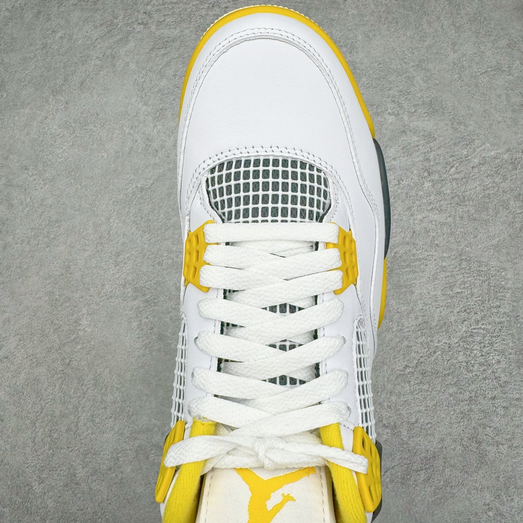 图片[4]-零售💰530 ＃GX Air Jordan AJ4 \”Vivid Sulfur\” 白橙 AQ9129-101 圈内最强四代 独家外贸特供尺码含 45.5 49.5 50.5 耗时半年巨作 全套原纸板楦头开发 原厂特供皮料加持 确保原汁原味 完美呈现四代版型 一比一鞋头弧度高度鞋身弧度 数据细节工艺流程均保持原鞋一致 原厂TPU网格鞋带扣 正确内里网布 菱角分明不变形无多余毛边 柔软性质感一致于原鞋 市场唯一原厂鞋扣模具 背面可见隐藏注塑口 原厂织唛标 原厂飞人电绣工艺 尾指中部跳三针 独家绑鞋带手法 印刷中底布 四线拉帮 米色美纹纸贴合固定 进口港宝加持 后跟自然饱满 全鞋荧光划线卡点 追求极致完美 每一双都是工艺品 多重QC质检 超越公司货的品控标准 实实在在的免检产品 尺码：40 40.5 41 42 42.5 43 44 44.5 45 45.5 46 47.5 48.5 49.5 50.5 编码：by5936030-运动鞋