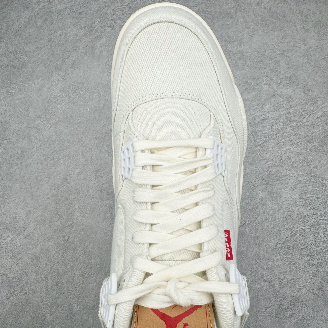 图片[4]-＃GX Levi’s x Air Jordan AJ4 \\\”Denim\\\” 李维斯联名 牛仔白 AO2571-100 圈内最强四代 独家外贸特供尺码含 45.5 49.5 50.5 耗时半年巨作 全套原纸板楦头开发 原厂特供皮料加持 确保原汁原味 完美呈现四代版型 一比一鞋头弧度高度鞋身弧度 数据细节工艺流程均保持原鞋一致 原厂TPU网格鞋带扣 正确内里网布 菱角分明不变形无多余毛边 柔软性质感一致于原鞋 市场唯一原厂鞋扣模具 背面可见隐藏注塑口 原厂织唛标 原厂飞人电绣工艺 尾指中部跳三针 独家绑鞋带手法 印刷中底布 四线拉帮 米色美纹纸贴合固定 进口港宝加持 后跟自然饱满 全鞋荧光划线卡点 追求极致完美 每一双都是工艺品 多重QC质检 超越公司货的品控标准 实实在在的免检产品 尺码：40 40.5 41 42 42.5 43 44 44.5 45 45.5 46 47.5 48.5 49.5 50.5-选品中心