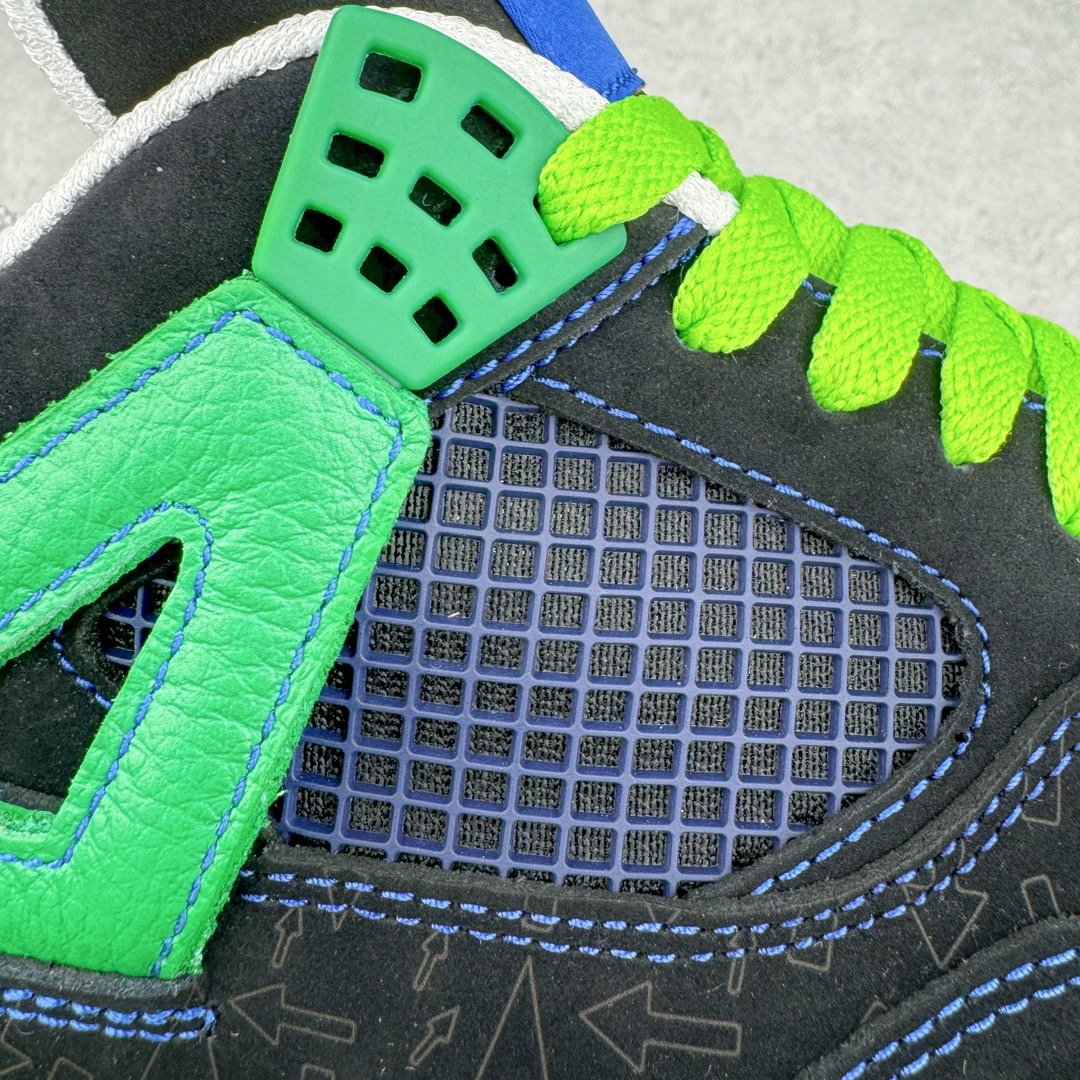 图片[22]-＃DG2.0 Air Jordan AJ4 Retro Doernbecher 慈善超人 黑蓝绿 308497-015 情怀单品 收藏必备 独家外贸特供 耗时半年巨作 全套原纸板楦头开发 原厂特供皮料加持 确保原汁原味 完美呈现四代版型 一比一鞋头弧度高度鞋身弧度 数据细节工艺流程均保持原鞋一致 原厂TPU网格鞋带扣 正确内里网布 菱角分明不变形无多余毛边 柔软性质感一致于原鞋 市场唯一原厂鞋扣模具 背面可见隐藏注塑口 原厂织唛标 原厂飞人电绣工艺 尾指中部跳三针 独家绑鞋带手法 印刷中底布 四线拉帮 米色美纹纸贴合固定 进口港宝加持 后跟自然饱满 全鞋荧光划线卡点 追求极致完美 每一双都是工艺品 多重QC质检 超越公司货的品控标准 实实在在的免检产品 尺码：40.5 41 42 42.5 43 44 44.5 45 45.5 46 47.5 48.5-选品中心