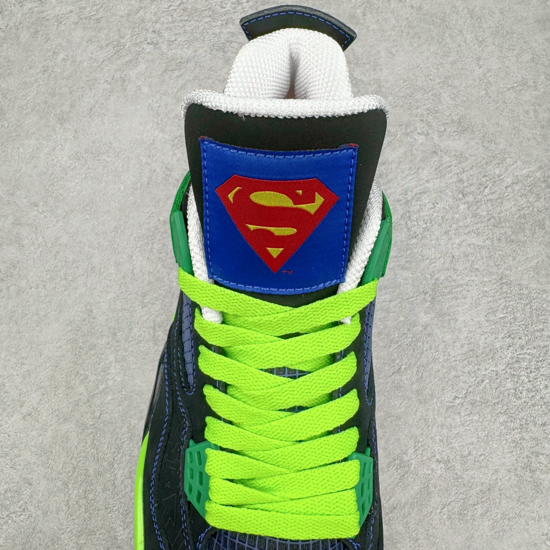 图片[5]-＃DG2.0 Air Jordan AJ4 Retro Doernbecher 慈善超人 黑蓝绿 308497-015 情怀单品 收藏必备 独家外贸特供 耗时半年巨作 全套原纸板楦头开发 原厂特供皮料加持 确保原汁原味 完美呈现四代版型 一比一鞋头弧度高度鞋身弧度 数据细节工艺流程均保持原鞋一致 原厂TPU网格鞋带扣 正确内里网布 菱角分明不变形无多余毛边 柔软性质感一致于原鞋 市场唯一原厂鞋扣模具 背面可见隐藏注塑口 原厂织唛标 原厂飞人电绣工艺 尾指中部跳三针 独家绑鞋带手法 印刷中底布 四线拉帮 米色美纹纸贴合固定 进口港宝加持 后跟自然饱满 全鞋荧光划线卡点 追求极致完美 每一双都是工艺品 多重QC质检 超越公司货的品控标准 实实在在的免检产品 尺码：40.5 41 42 42.5 43 44 44.5 45 45.5 46 47.5 48.5-选品中心