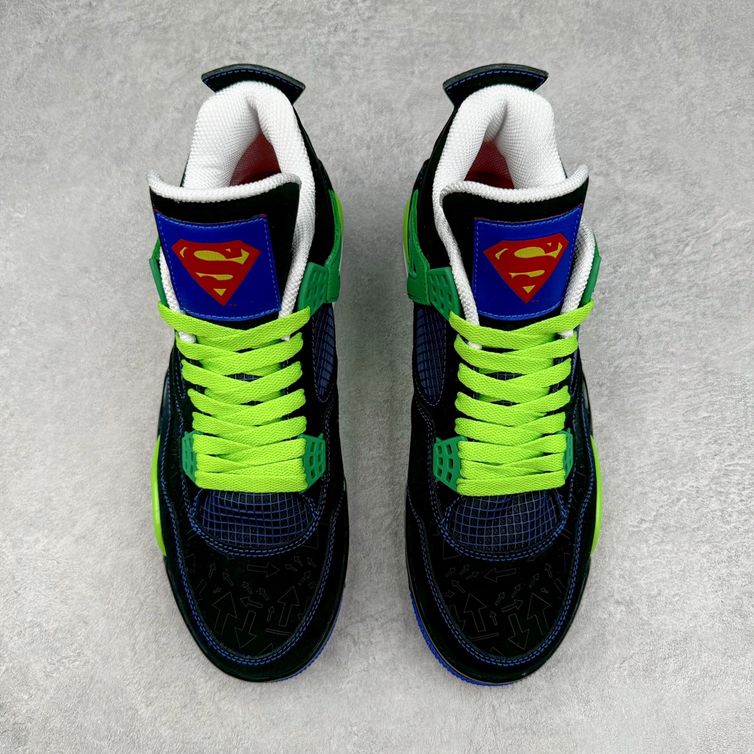 图片[2]-＃DG2.0 Air Jordan AJ4 Retro Doernbecher 慈善超人 黑蓝绿 308497-015 情怀单品 收藏必备 独家外贸特供 耗时半年巨作 全套原纸板楦头开发 原厂特供皮料加持 确保原汁原味 完美呈现四代版型 一比一鞋头弧度高度鞋身弧度 数据细节工艺流程均保持原鞋一致 原厂TPU网格鞋带扣 正确内里网布 菱角分明不变形无多余毛边 柔软性质感一致于原鞋 市场唯一原厂鞋扣模具 背面可见隐藏注塑口 原厂织唛标 原厂飞人电绣工艺 尾指中部跳三针 独家绑鞋带手法 印刷中底布 四线拉帮 米色美纹纸贴合固定 进口港宝加持 后跟自然饱满 全鞋荧光划线卡点 追求极致完美 每一双都是工艺品 多重QC质检 超越公司货的品控标准 实实在在的免检产品 尺码：40.5 41 42 42.5 43 44 44.5 45 45.5 46 47.5 48.5-选品中心