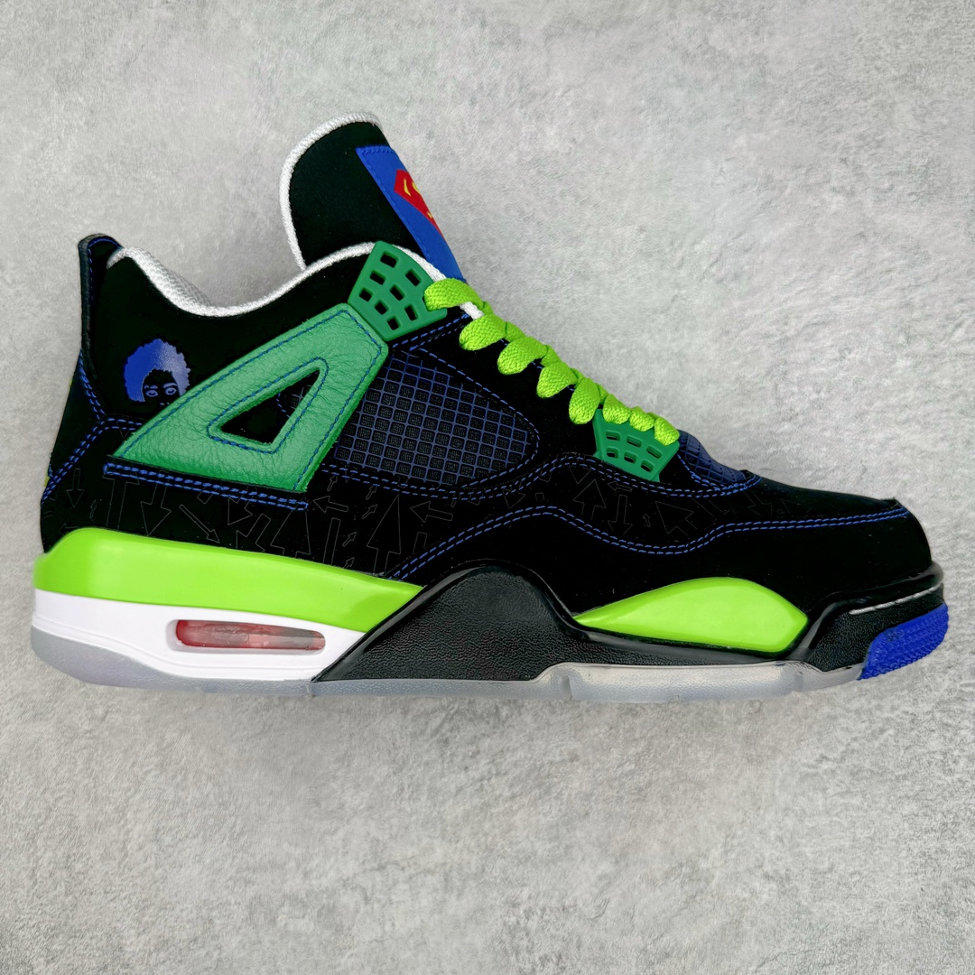 ＃DG2.0 Air Jordan AJ4 Retro Doernbecher 慈善超人 黑蓝绿 308497-015 情怀单品 收藏必备 独家外贸特供 耗时半年巨作 全套原纸板楦头开发 原厂特供皮料加持 确保原汁原味 完美呈现四代版型 一比一鞋头弧度高度鞋身弧度 数据细节工艺流程均保持原鞋一致 原厂TPU网格鞋带扣 正确内里网布 菱角分明不变形无多余毛边 柔软性质感一致于原鞋 市场唯一原厂鞋扣模具 背面可见隐藏注塑口 原厂织唛标 原厂飞人电绣工艺 尾指中部跳三针 独家绑鞋带手法 印刷中底布 四线拉帮 米色美纹纸贴合固定 进口港宝加持 后跟自然饱满 全鞋荧光划线卡点 追求极致完美 每一双都是工艺品 多重QC质检 超越公司货的品控标准 实实在在的免检产品 尺码：40.5 41 42 42.5 43 44 44.5 45 45.5 46 47.5 48.5-选品中心