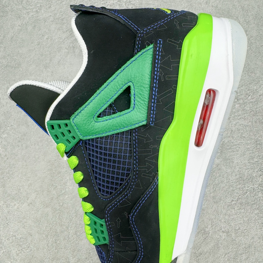 图片[7]-＃DG2.0 Air Jordan AJ4 Retro Doernbecher 慈善超人 黑蓝绿 308497-015 情怀单品 收藏必备 独家外贸特供 耗时半年巨作 全套原纸板楦头开发 原厂特供皮料加持 确保原汁原味 完美呈现四代版型 一比一鞋头弧度高度鞋身弧度 数据细节工艺流程均保持原鞋一致 原厂TPU网格鞋带扣 正确内里网布 菱角分明不变形无多余毛边 柔软性质感一致于原鞋 市场唯一原厂鞋扣模具 背面可见隐藏注塑口 原厂织唛标 原厂飞人电绣工艺 尾指中部跳三针 独家绑鞋带手法 印刷中底布 四线拉帮 米色美纹纸贴合固定 进口港宝加持 后跟自然饱满 全鞋荧光划线卡点 追求极致完美 每一双都是工艺品 多重QC质检 超越公司货的品控标准 实实在在的免检产品 尺码：40.5 41 42 42.5 43 44 44.5 45 45.5 46 47.5 48.5-选品中心
