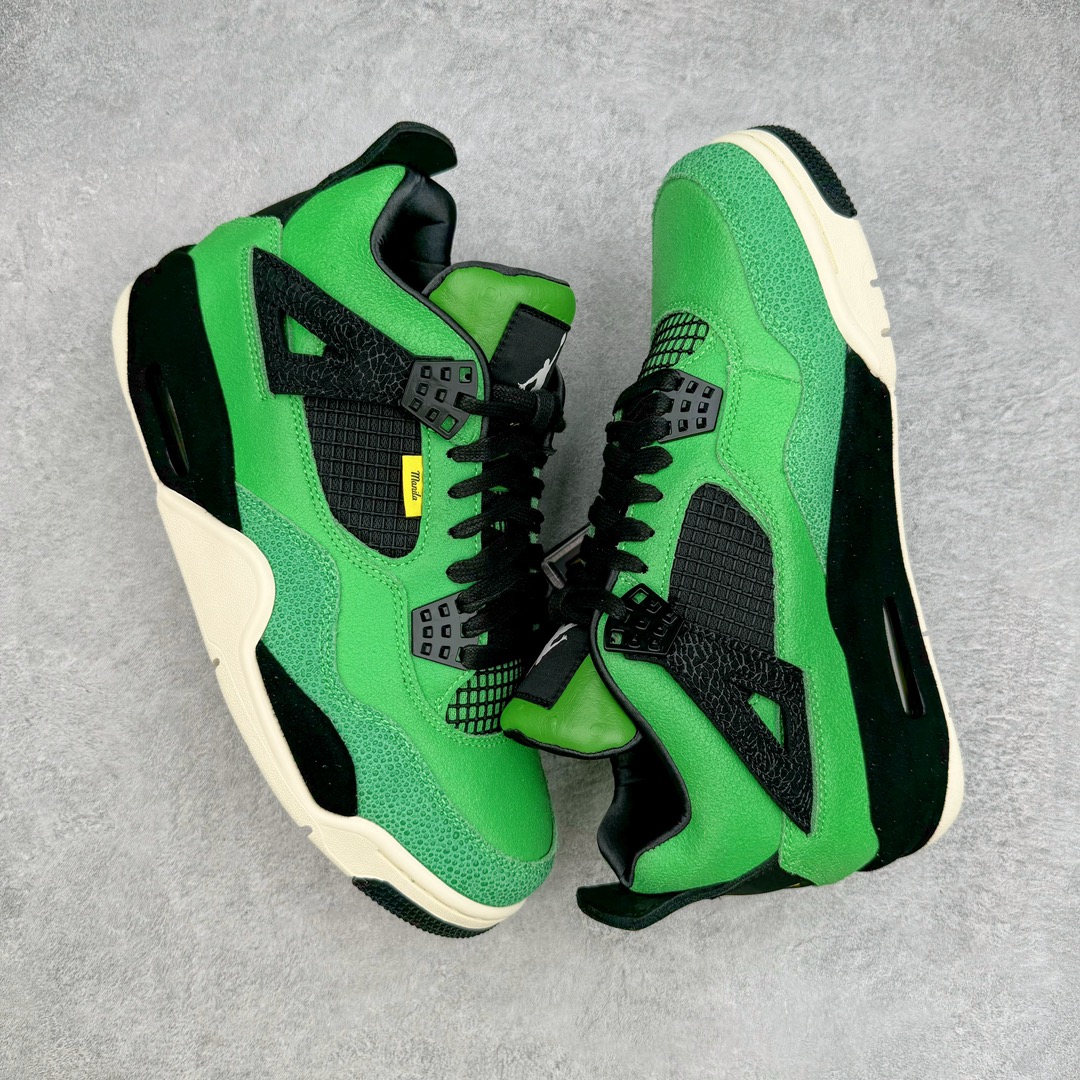 图片[3]-＃GX Air Jordan AJ4 Retro \\\”Manila\\\” 马尼拉绿色 AJ-965234 圈内最强四代 独家外贸特供尺码含 45.5 49.5 50.5 耗时半年巨作 全套原纸板楦头开发 原厂特供皮料加持 确保原汁原味 完美呈现四代版型 一比一鞋头弧度高度鞋身弧度 数据细节工艺流程均保持原鞋一致 原厂TPU网格鞋带扣 正确内里网布 菱角分明不变形无多余毛边 柔软性质感一致于原鞋 市场唯一原厂鞋扣模具 背面可见隐藏注塑口 原厂织唛标 原厂飞人电绣工艺 尾指中部跳三针 独家绑鞋带手法 印刷中底布 四线拉帮 米色美纹纸贴合固定 进口港宝加持 后跟自然饱满 全鞋荧光划线卡点 追求极致完美 每一双都是工艺品 多重QC质检 超越公司货的品控标准 实实在在的免检产品 注意原盒需要报货备注价格100元 损坏不退 尺码：40 40.5 41 42 42.5 43 44 44.5 45 45.5 46 47.5 48.5 49.5 50.5-选品中心