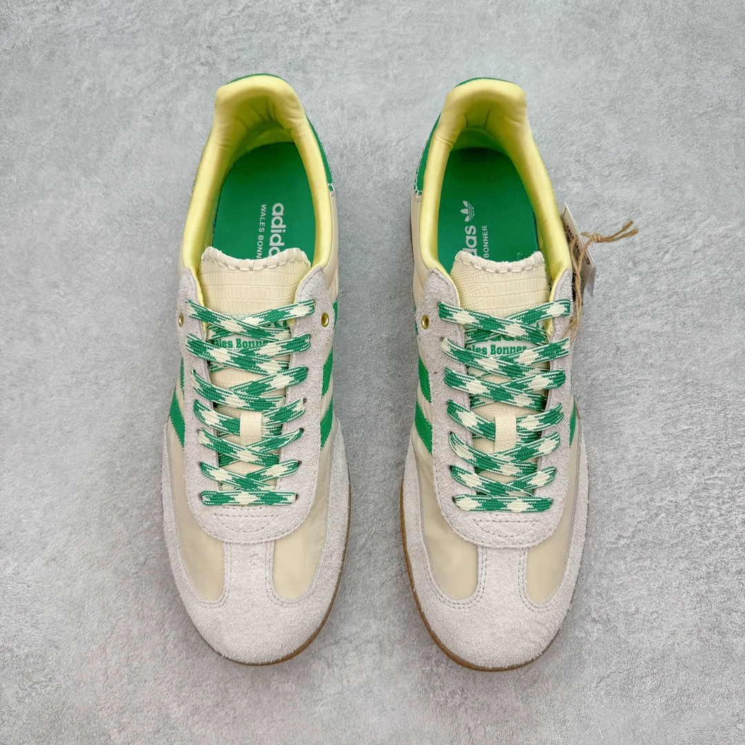 图片[2]-＃PB福利特价 Wales Bonner x AD Originals Samba 桑巴舞系列绅士德训足球风百搭低帮休闲运动板鞋 联名米白绿 GY4344 口碑大厂出品 品控大底版型不断改良更新 全套原纸板楦头开发 确保原汁原味 完美呈现桑巴版型 一比一鞋头弧度高度鞋身弧度 此版本只针对中端市场 皮料材质有所更替 其他数据细节工艺流程均保持一致 绝不口嗨 细节品控鞋型随意对比 正确烫金高频细节 原装纳米超迁皮料 独家私模橡胶大底 原盒原配 这款桑巴鞋展示了高质量的工艺 带有装饰的超锁缝制和无缝的手感 柔软、柔软的皮革造型和标志性的3条纹完成了精致的外观 正规合身鞋带 鞋面上有绒面鞋垫 橡胶鞋底 享受正畸套筒软感 自50年代首次亮相以来就一直在赢得粉丝的青睐 尺码：36 36.5 37.5 38 38.5 39 40 40.5 41 42 42.5 43 44 44.5 45 46-选品中心