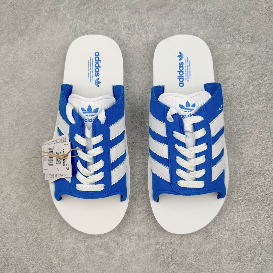 图片[2]-＃纯原 AD Gazelle Beach Slide 羚羊海滩系列经典沙滩百搭休闲运动拖鞋“蓝白”JQ7425 采用环保牛巴磨砂革鞋面材质 双层组合轻量鞋床#耐磨EVA材质压模大底 尺码： 36-45-选品中心