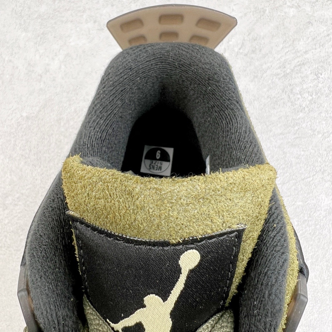 图片[14]-＃KZ神版 Air Jordan AJ4 Retro \\\”Olive Canvas\\\” 军绿色 FB9927-200 全方位可对比原鞋 高频立体麂皮网格 PU鞋垫 纸团支撑物 鞋扣 大面 领口 眼片 四部位皮料均为不同纹理咖色 独家外贸特供尺码含 45.5 49.5 50.5 国内外口碑最好最推荐的产品 市场中端王者 亲自操刀耗时半年巨作 全套原纸板楦头开发 确保原汁原味 完美呈现四代版型 一比一鞋头弧度高度鞋身弧度 此版本只针对中端市场 皮料材质有所更替 其他数据细节工艺流程均保持一致 绝不口嗨 细节品控鞋型随意秒杀市面3XX 4XX 原厂TPU网格鞋带扣 正确内里网布 菱角分明不变形无多余毛边 柔软性质感一致于原鞋 市场唯一原厂鞋扣模具 背面可见隐藏注塑口 原厂织唛标 原厂飞人电绣工艺 尾指中部跳三针 独家绑鞋带手法 印刷中底布 四线拉帮 米色美纹纸贴合固定 进口港宝加持 后跟自然饱满 全鞋荧光划线卡点 追求极致完美 每一双都是工艺品 多重QC质检 超越公司货的品控标准 实实在在的免检产品 尺码：40 40.5 41 42 42.5 43 44 44.5 45 45.5 46 47.5 48.5 49.5 50.5-选品中心