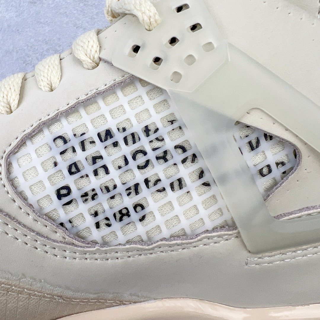 图片[13]-＃KZ神版 Off-White™ x Air Jordan AJ4 Retro\\\”Cream/Sail\\\” OW联名白帆 CV9388-100 独家外贸特供尺码含 45.5 49.5 50.5 国内外口碑最好最推荐的产品 市场中端王者 亲自操刀耗时半年巨作 全套原纸板楦头开发 确保原汁原味 完美呈现四代版型 一比一鞋头弧度高度鞋身弧度 此版本只针对中端市场 皮料材质有所更替 其他数据细节工艺流程均保持一致 绝不口嗨 细节品控鞋型随意秒杀市面3XX 4XX 原厂TPU网格鞋带扣 正确内里网布 菱角分明不变形无多余毛边 柔软性质感一致于原鞋 市场唯一原厂鞋扣模具 背面可见隐藏注塑口 原厂织唛标 原厂飞人电绣工艺 尾指中部跳三针 独家绑鞋带手法 印刷中底布 四线拉帮 米色美纹纸贴合固定 进口港宝加持 后跟自然饱满 全鞋荧光划线卡点 追求极致完美 每一双都是工艺品 多重QC质检 超越公司货的品控标准 实实在在的免检产品 尺码：40 40.5 41 42 42.5 43 44 44.5 45 45.5 46 47.5 48.5 49.5 50.5-选品中心