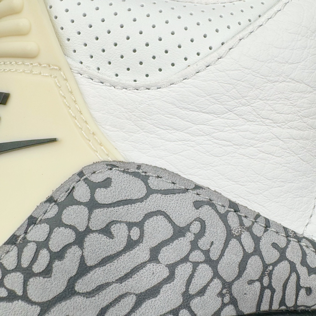 图片[18]-＃QD纯原 Air Jordan AJ3 Retro 做旧白水泥 DN3707-100 圈内最强三代系列 匠心打造 开发时长超过半年 目前可过各类鉴定或无法鉴定 裸鞋随便操作 全套原纸板楦头开发 原厂大底磨具加持立体防滑纹理 原装可视Air Sole气垫 原汁原味最完美的三代版型 唯一正确鞋头趴度弧度高度鞋身腰线 原厂TPU彩虹扎染后跟饰片 正确内里反口里网布 皮料菱角分明不变形无多余毛边 广东原厂zp同批次手工大底描漆拉丝 市场唯一原厂鞋扣模具 原厂织唛标 原厂飞人电绣工艺 尾指中部跳三针 独家绑鞋带手法 印刷中底布 四线拉帮 米色美纹纸贴合固定 进口港宝加持 后跟自然饱满 全鞋荧光划线卡点 追求极致完美 每一双都是工艺品 多重QC质检 超越公司货的品控标准 实实在在的免检产品 尺码：40.5 41 42 42.5 43 44 44.5 45 45.5 46 47.5 48.5-选品中心