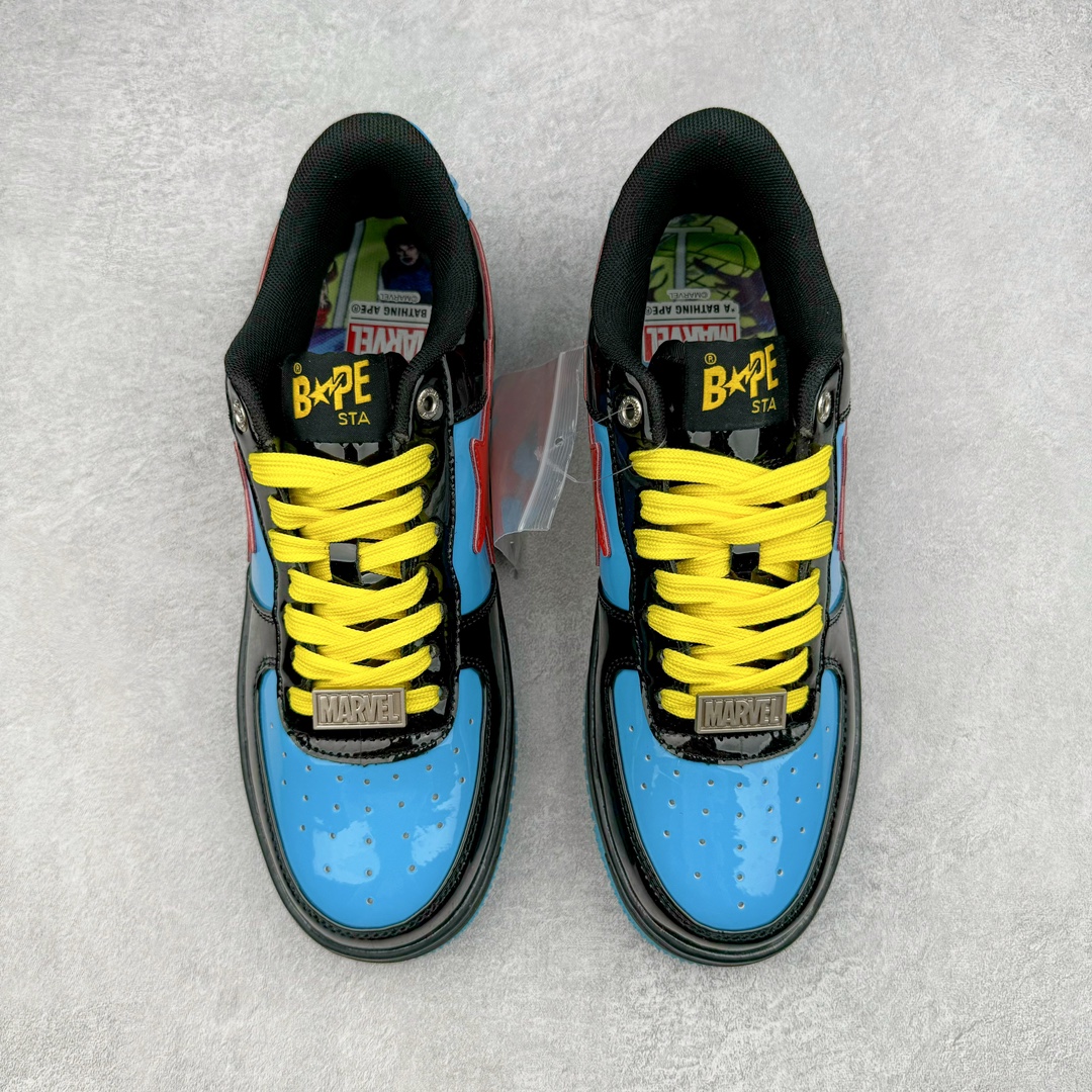 图片[2]-＃C版纯原 Marvel x Bape Sta To Low 猿人头经典低帮运动休闲板鞋 漫威超级英雄联名 钢铁侠、美队、绿巨人、黑寡妇、雷神、浣熊 全套原纸板楦头开发 确保原汁原味 市场最完美低趴版型 一比一鞋头弧度高度鞋身弧度 外贸平台指定订单 匠心打造 开发时长超过半年 独家私模磨具冲刀加持 原厂特供皮料光泽色卡零偏差 内里均采用市场最好的超软原厂填充棉 原数据进口机台高频印压LOGO 最高QC检验标准 控制溢胶瑕疵 深浅定位均保持zp一致 中底嵌入Ortholite缓震材质 全套原包装 包含猿人logo 定制防尘袋 尺码：36 36.5 37 38 38.5 40 40.5 41 42 42.5 43 44 44.5 45 46-选品中心