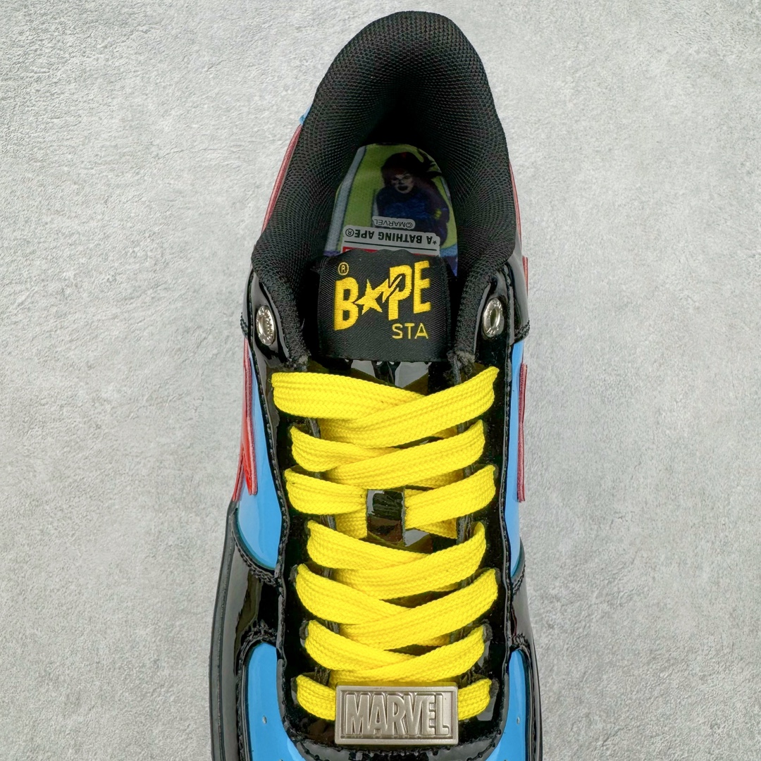 图片[5]-＃C版纯原 Marvel x Bape Sta To Low 猿人头经典低帮运动休闲板鞋 漫威超级英雄联名 钢铁侠、美队、绿巨人、黑寡妇、雷神、浣熊 全套原纸板楦头开发 确保原汁原味 市场最完美低趴版型 一比一鞋头弧度高度鞋身弧度 外贸平台指定订单 匠心打造 开发时长超过半年 独家私模磨具冲刀加持 原厂特供皮料光泽色卡零偏差 内里均采用市场最好的超软原厂填充棉 原数据进口机台高频印压LOGO 最高QC检验标准 控制溢胶瑕疵 深浅定位均保持zp一致 中底嵌入Ortholite缓震材质 全套原包装 包含猿人logo 定制防尘袋 尺码：36 36.5 37 38 38.5 40 40.5 41 42 42.5 43 44 44.5 45 46-选品中心