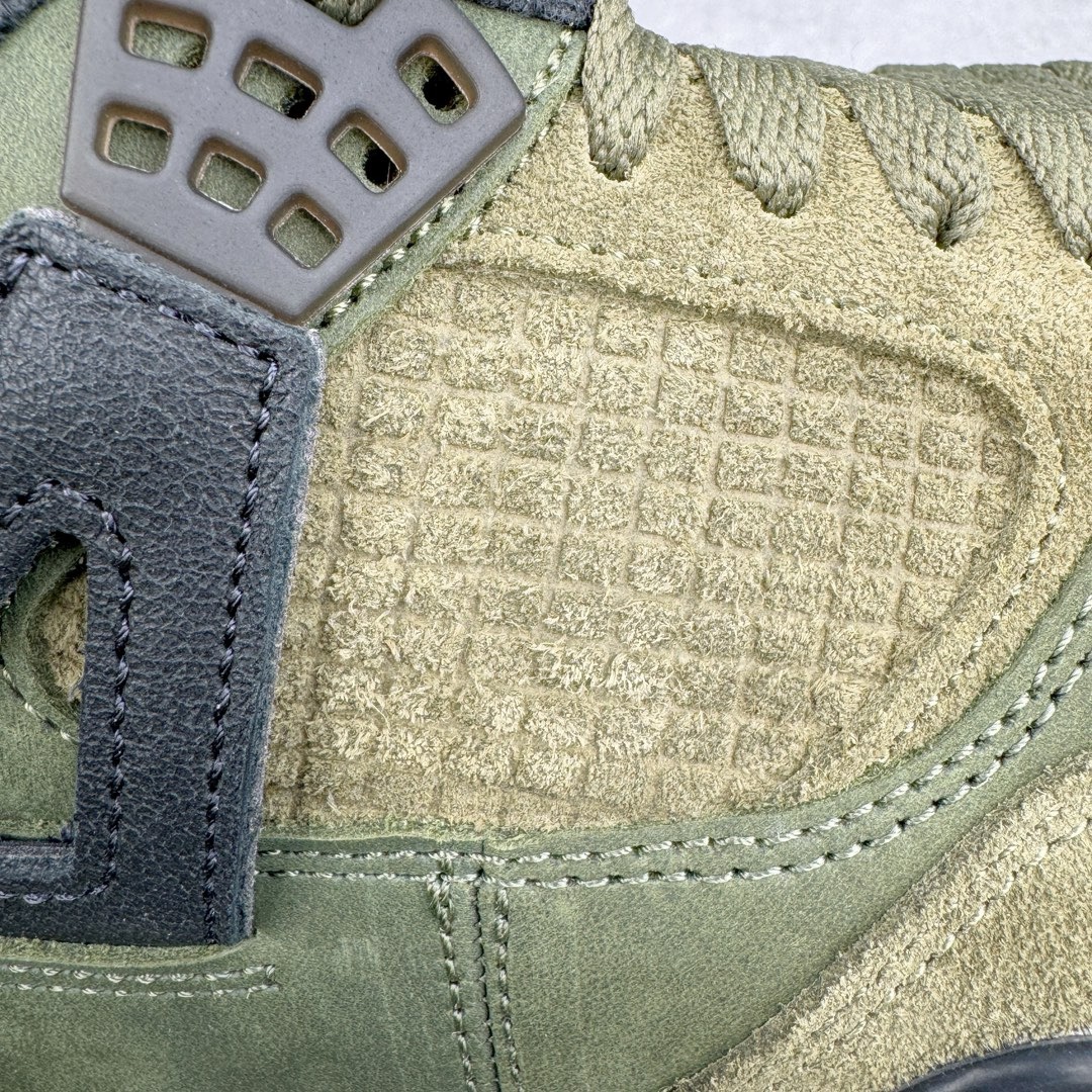 图片[10]-＃GX纯原福利 Air Jordan AJ4 Retro \\\”Olive Canvas\\\” 军绿色 FB9927-200 圈内最强四代 独家外贸特供尺码含 45.5 49.5 50.5 耗时半年巨 全套原纸板楦头开发 原厂特供皮料加持 确保原汁原味 完美呈现四代版型 一比一鞋头弧度高度鞋身弧度 数据细节工艺流程均保持原鞋一致 原厂TPU网格鞋带扣 正确内里网布 菱角分明不变形无多余毛边 柔软性质感一致于原鞋 市场唯一原厂鞋扣模具 背面可见隐藏注塑口 原厂织唛标 原厂飞人电绣工艺 尾指中部跳三针 独家绑鞋带手法 印刷中底布 四线拉帮 米色美纹纸贴合固定 进口港宝加持 后跟自然饱满 全鞋荧光划线卡点 追求极致完美 每一双都是工艺品 多重QC质检 超越公司货的品控标准 实实在在的免检产品 尺码：40 40.5 41 42 42.5 43 44 44.5 45 45.5 46 47.5 48.5 49.5 50.5-选品中心