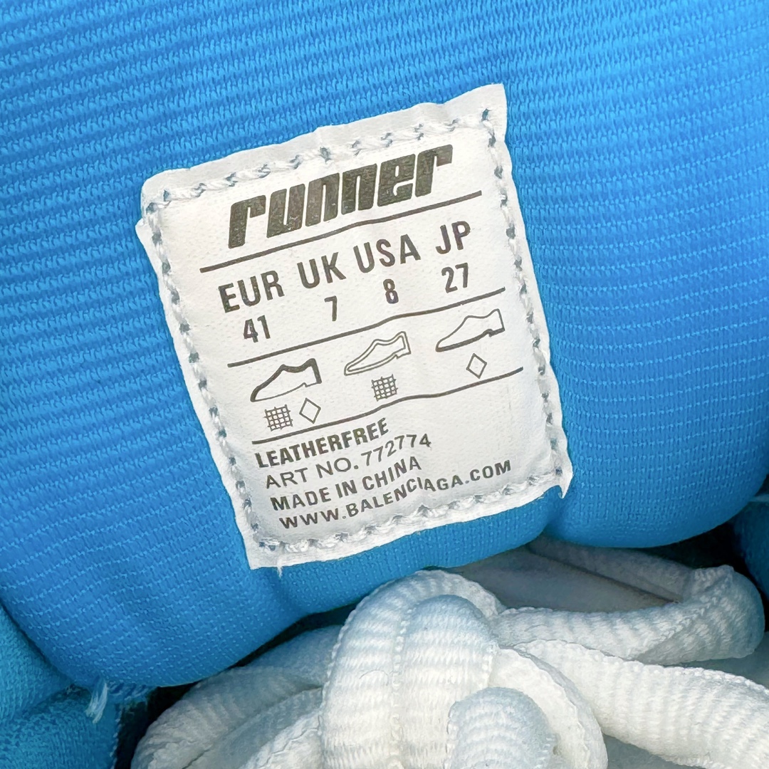 图片[11]-＃VG零售版 BALENCIAGA Runner Sneaker 巴黎世家七代慢跑系列低帮复古野跑潮流运动鞋老爹鞋 尼龙和网布材质 磨损效果 鞋头边缘印有尺码 背面浮印尺码 外侧印有跑者徽标 鞋舌刺绣 Balenciaga 品牌标识 鞋跟背面 Balenciaga品牌标识 材质采用65%聚氨酯、35%聚酯纤维 全新 Runner 鞋型轮廓借鉴于 2000 年初的复古线条 搭载大网眼面料制成鞋面基础，由粉色、白色尼龍与橡胶质地覆盖鞋面诠释线条感 当中透过几道手缝线与折损痕更是精准的掌握历经时间淬炼的破旧痕迹 延续其手法至鞋领、鞋跟、鞋带、中底等部分均饰有破损及脏污之貌 尤其是鞋领处与鞋带孔眼条更是采用不规则做旧技术将内容物泡棉随机露出 尺码：35 36 37 38 39 40 41 42 43 44 45 46-选品中心