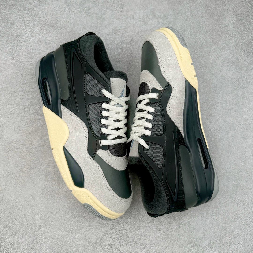 图片[3]-＃KZ纯原 Air Jordan AJ4 RM 重制版低帮复古篮球鞋 黑灰 FQ7938-002 亲自操刀耗时半年巨作 全套原纸板楦头开发 确保原汁原味 完美呈现版型 一比一鞋头弧度高度鞋身弧度 原厂TPU 正确内里网布 菱角分明不变形无多余毛边 柔软性质感一致于原鞋 原厂织唛标 原厂飞人电绣工艺 尾指中部跳三针 独家绑鞋带手法 印刷中底布 四线拉帮 米色美纹纸贴合固定 进口港宝加持 后跟自然饱满 全鞋荧光划线卡点 追求极致完美 每一双都是工艺品 多重QC质检 超越公司货的品控标准 实实在在的免检产品 采用了低帮的设计 并保留了众多AJ4的经典元素 鞋身以皮革、麂皮材质拼接打造 AJ4经典的TPU材质延伸至后跟 增强鞋款稳定性 而鞋身侧面的网格设计则被取消 尾部的NIKE AIR标志也得到保留 并同时带有飞人logo 中底部分同样搭载了可视AIR气垫 鞋底采用米白色中底和外底呈现 为整个设计收尾 尺码：36 36.5 37.5 38 38.5 39 40 40.5 41 42 42.5 43 44 44.5 45 46 47.5-选品中心