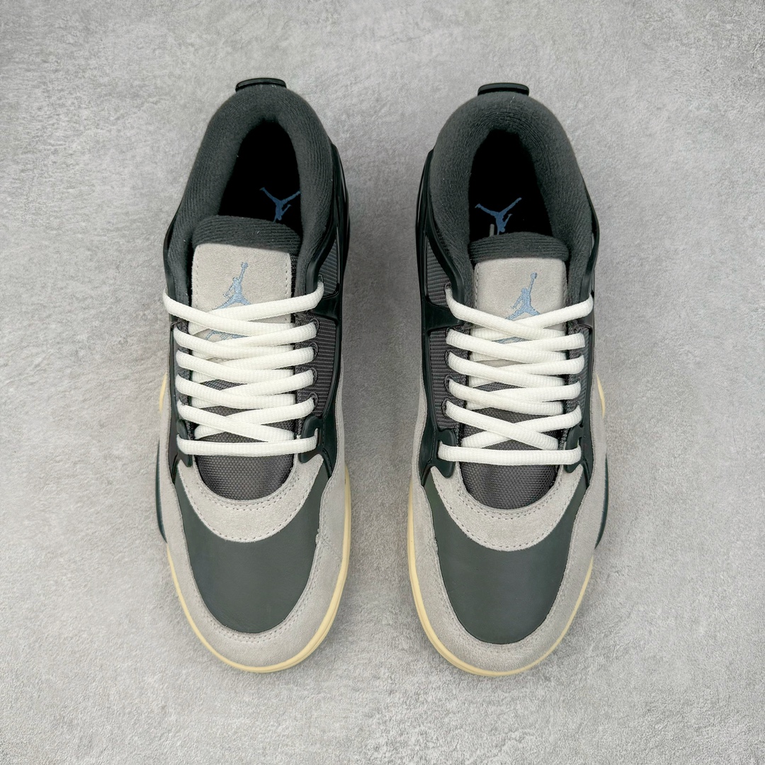 图片[2]-＃KZ纯原 Air Jordan AJ4 RM 重制版低帮复古篮球鞋 黑灰 FQ7938-002 亲自操刀耗时半年巨作 全套原纸板楦头开发 确保原汁原味 完美呈现版型 一比一鞋头弧度高度鞋身弧度 原厂TPU 正确内里网布 菱角分明不变形无多余毛边 柔软性质感一致于原鞋 原厂织唛标 原厂飞人电绣工艺 尾指中部跳三针 独家绑鞋带手法 印刷中底布 四线拉帮 米色美纹纸贴合固定 进口港宝加持 后跟自然饱满 全鞋荧光划线卡点 追求极致完美 每一双都是工艺品 多重QC质检 超越公司货的品控标准 实实在在的免检产品 采用了低帮的设计 并保留了众多AJ4的经典元素 鞋身以皮革、麂皮材质拼接打造 AJ4经典的TPU材质延伸至后跟 增强鞋款稳定性 而鞋身侧面的网格设计则被取消 尾部的NIKE AIR标志也得到保留 并同时带有飞人logo 中底部分同样搭载了可视AIR气垫 鞋底采用米白色中底和外底呈现 为整个设计收尾 尺码：36 36.5 37.5 38 38.5 39 40 40.5 41 42 42.5 43 44 44.5 45 46 47.5-选品中心