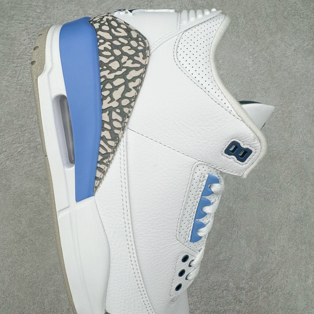 图片[6]-＃QD纯原 Air Jordan AJ3 Retro 北卡蓝 CT8532-104 圈内最强三代系列 匠心打造 开发时长超过半年 目前可过各类鉴定或无法鉴定 裸鞋随便操作 全套原纸板楦头开发 原厂大底磨具加持立体防滑纹理 原装可视Air Sole气垫 原汁原味最完美的三代版型 唯一正确鞋头趴度弧度高度鞋身腰线 原厂TPU彩虹扎染后跟饰片 正确内里反口里网布 皮料菱角分明不变形无多余毛边 广东原厂zp同批次手工大底描漆拉丝 市场唯一原厂鞋扣模具 原厂织唛标 原厂飞人电绣工艺 尾指中部跳三针 独家绑鞋带手法 印刷中底布 四线拉帮 米色美纹纸贴合固定 进口港宝加持 后跟自然饱满 全鞋荧光划线卡点 追求极致完美 每一双都是工艺品 多重QC质检 超越公司货的品控标准 实实在在的免检产品 尺码：40.5 41 42 42.5 43 44 44.5 45 45.5 46 47.5 48.5-选品中心