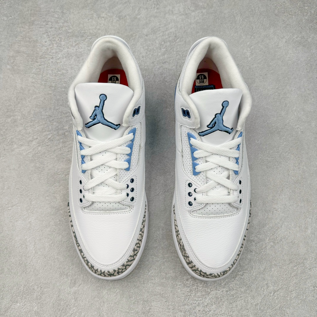 图片[2]-＃QD纯原 Air Jordan AJ3 Retro 北卡蓝 CT8532-104 圈内最强三代系列 匠心打造 开发时长超过半年 目前可过各类鉴定或无法鉴定 裸鞋随便操作 全套原纸板楦头开发 原厂大底磨具加持立体防滑纹理 原装可视Air Sole气垫 原汁原味最完美的三代版型 唯一正确鞋头趴度弧度高度鞋身腰线 原厂TPU彩虹扎染后跟饰片 正确内里反口里网布 皮料菱角分明不变形无多余毛边 广东原厂zp同批次手工大底描漆拉丝 市场唯一原厂鞋扣模具 原厂织唛标 原厂飞人电绣工艺 尾指中部跳三针 独家绑鞋带手法 印刷中底布 四线拉帮 米色美纹纸贴合固定 进口港宝加持 后跟自然饱满 全鞋荧光划线卡点 追求极致完美 每一双都是工艺品 多重QC质检 超越公司货的品控标准 实实在在的免检产品 尺码：40.5 41 42 42.5 43 44 44.5 45 45.5 46 47.5 48.5-选品中心