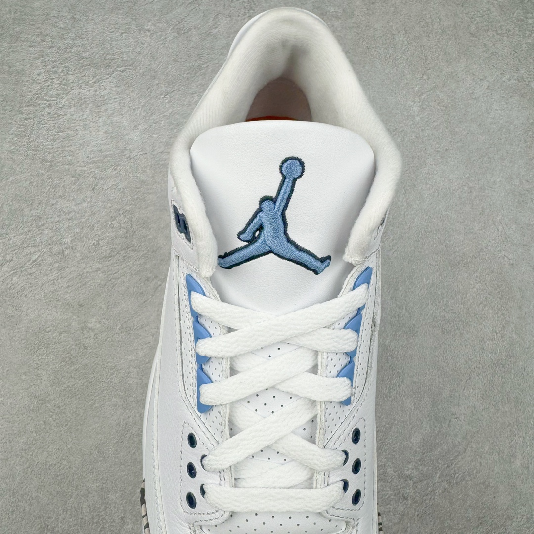 图片[5]-＃QD纯原 Air Jordan AJ3 Retro 北卡蓝 CT8532-104 圈内最强三代系列 匠心打造 开发时长超过半年 目前可过各类鉴定或无法鉴定 裸鞋随便操作 全套原纸板楦头开发 原厂大底磨具加持立体防滑纹理 原装可视Air Sole气垫 原汁原味最完美的三代版型 唯一正确鞋头趴度弧度高度鞋身腰线 原厂TPU彩虹扎染后跟饰片 正确内里反口里网布 皮料菱角分明不变形无多余毛边 广东原厂zp同批次手工大底描漆拉丝 市场唯一原厂鞋扣模具 原厂织唛标 原厂飞人电绣工艺 尾指中部跳三针 独家绑鞋带手法 印刷中底布 四线拉帮 米色美纹纸贴合固定 进口港宝加持 后跟自然饱满 全鞋荧光划线卡点 追求极致完美 每一双都是工艺品 多重QC质检 超越公司货的品控标准 实实在在的免检产品 尺码：40.5 41 42 42.5 43 44 44.5 45 45.5 46 47.5 48.5-选品中心