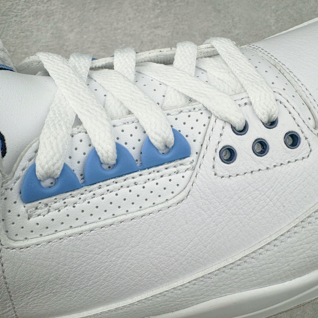 图片[14]-＃QD纯原 Air Jordan AJ3 Retro 北卡蓝 CT8532-104 圈内最强三代系列 匠心打造 开发时长超过半年 目前可过各类鉴定或无法鉴定 裸鞋随便操作 全套原纸板楦头开发 原厂大底磨具加持立体防滑纹理 原装可视Air Sole气垫 原汁原味最完美的三代版型 唯一正确鞋头趴度弧度高度鞋身腰线 原厂TPU彩虹扎染后跟饰片 正确内里反口里网布 皮料菱角分明不变形无多余毛边 广东原厂zp同批次手工大底描漆拉丝 市场唯一原厂鞋扣模具 原厂织唛标 原厂飞人电绣工艺 尾指中部跳三针 独家绑鞋带手法 印刷中底布 四线拉帮 米色美纹纸贴合固定 进口港宝加持 后跟自然饱满 全鞋荧光划线卡点 追求极致完美 每一双都是工艺品 多重QC质检 超越公司货的品控标准 实实在在的免检产品 尺码：40.5 41 42 42.5 43 44 44.5 45 45.5 46 47.5 48.5-选品中心