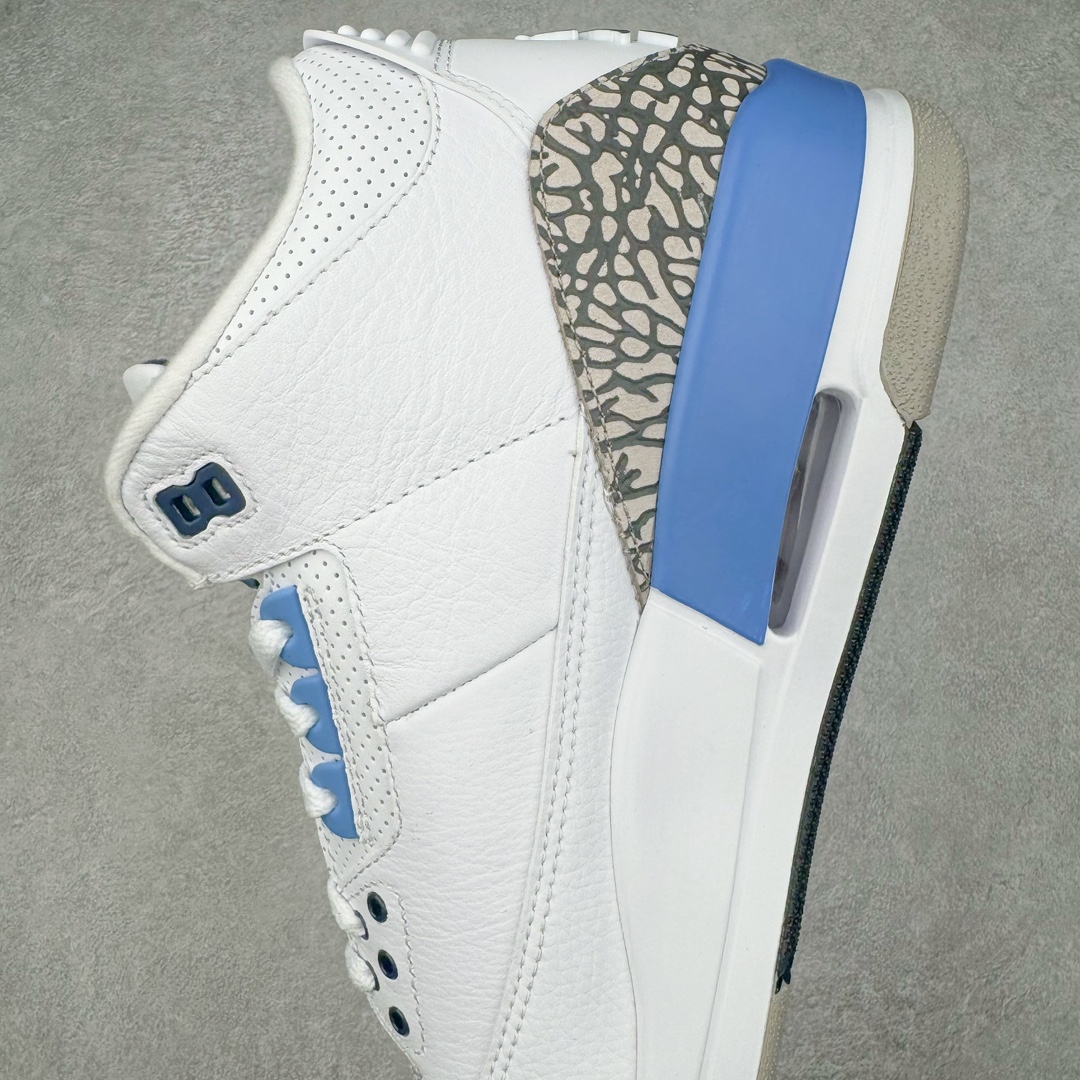 图片[7]-＃QD纯原 Air Jordan AJ3 Retro 北卡蓝 CT8532-104 圈内最强三代系列 匠心打造 开发时长超过半年 目前可过各类鉴定或无法鉴定 裸鞋随便操作 全套原纸板楦头开发 原厂大底磨具加持立体防滑纹理 原装可视Air Sole气垫 原汁原味最完美的三代版型 唯一正确鞋头趴度弧度高度鞋身腰线 原厂TPU彩虹扎染后跟饰片 正确内里反口里网布 皮料菱角分明不变形无多余毛边 广东原厂zp同批次手工大底描漆拉丝 市场唯一原厂鞋扣模具 原厂织唛标 原厂飞人电绣工艺 尾指中部跳三针 独家绑鞋带手法 印刷中底布 四线拉帮 米色美纹纸贴合固定 进口港宝加持 后跟自然饱满 全鞋荧光划线卡点 追求极致完美 每一双都是工艺品 多重QC质检 超越公司货的品控标准 实实在在的免检产品 尺码：40.5 41 42 42.5 43 44 44.5 45 45.5 46 47.5 48.5-选品中心