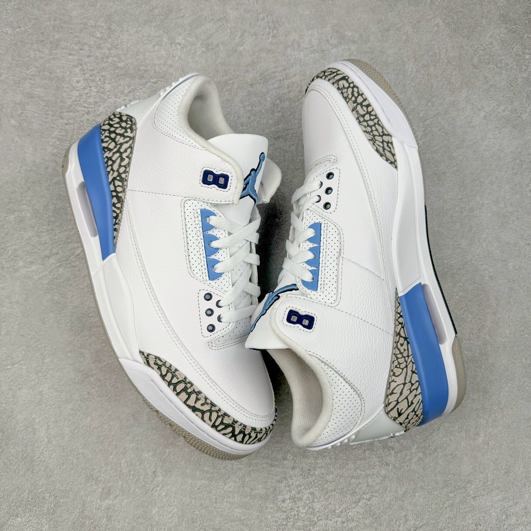 图片[3]-＃QD纯原 Air Jordan AJ3 Retro 北卡蓝 CT8532-104 圈内最强三代系列 匠心打造 开发时长超过半年 目前可过各类鉴定或无法鉴定 裸鞋随便操作 全套原纸板楦头开发 原厂大底磨具加持立体防滑纹理 原装可视Air Sole气垫 原汁原味最完美的三代版型 唯一正确鞋头趴度弧度高度鞋身腰线 原厂TPU彩虹扎染后跟饰片 正确内里反口里网布 皮料菱角分明不变形无多余毛边 广东原厂zp同批次手工大底描漆拉丝 市场唯一原厂鞋扣模具 原厂织唛标 原厂飞人电绣工艺 尾指中部跳三针 独家绑鞋带手法 印刷中底布 四线拉帮 米色美纹纸贴合固定 进口港宝加持 后跟自然饱满 全鞋荧光划线卡点 追求极致完美 每一双都是工艺品 多重QC质检 超越公司货的品控标准 实实在在的免检产品 尺码：40.5 41 42 42.5 43 44 44.5 45 45.5 46 47.5 48.5-选品中心