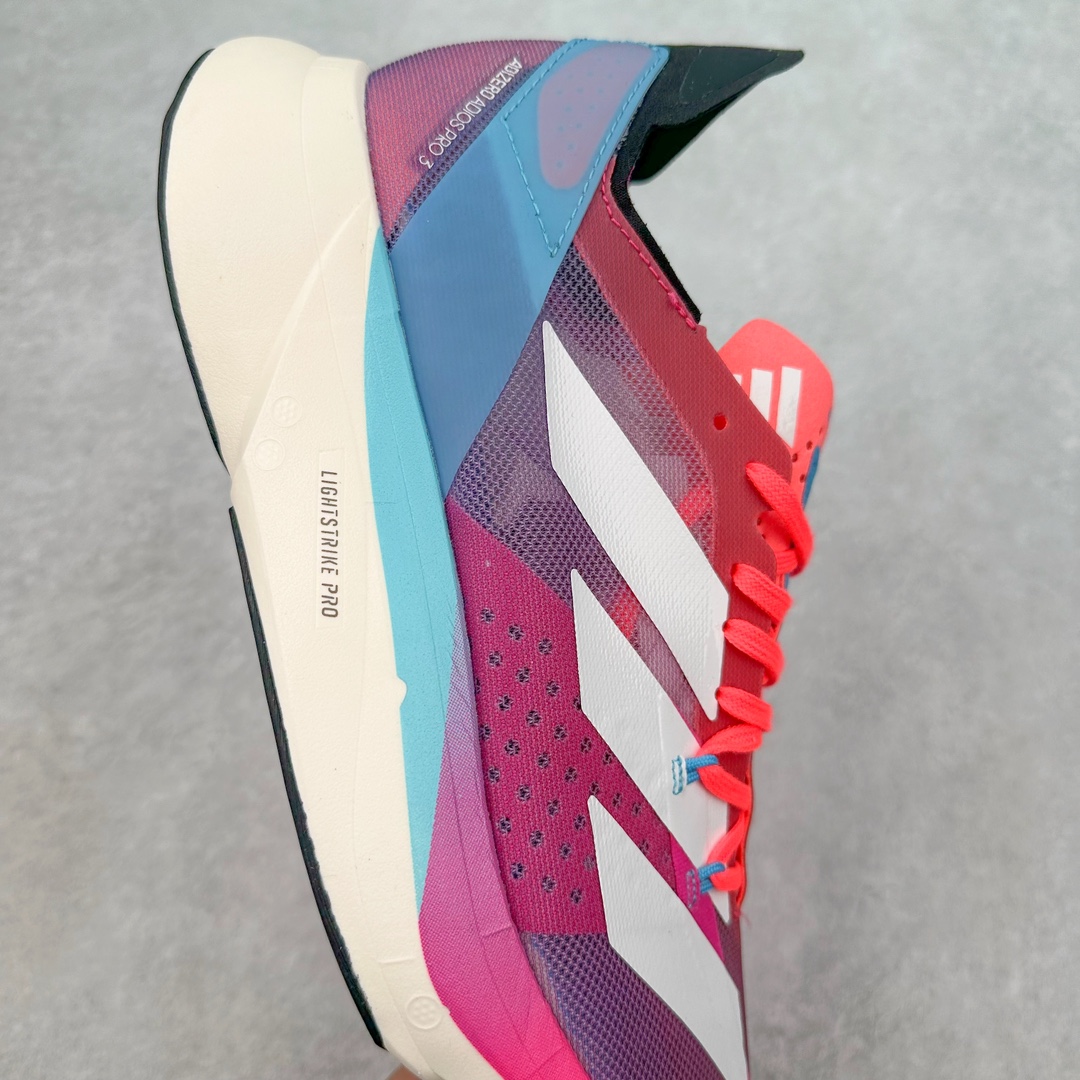 图片[6]-AD Adizero Adios Pro 3 马拉松竞速专业跑鞋 GW7258 CELERMESH针织网面非常轻薄 纤维间的缝隙很大 可以保证跑步时的透气、排汗效果 鞋舌直接与两侧的内衬和鞋底连接在一起 在跑步过程中不会被鞋舌的左右移动所困扰 在标准鞋带孔的基础上再拓宽一组鞋带孔 适合不同脚型的需求 突破性 EnergyRods 技术，有助于跑者实现更好的成绩 中底独特的LIGHTSTRIKE PRO泡棉材质 微弹感觉在跑步过程中给予了良好的支撑体验 对于顶级精英和高水平进阶跑者来说 ADIOS PRO是一双值得信赖的竞速比赛用鞋 尺码：36 36.5 37.5 38 38.5 39 40 40.5 41 42 42.5 43 44 44.5 45-选品中心