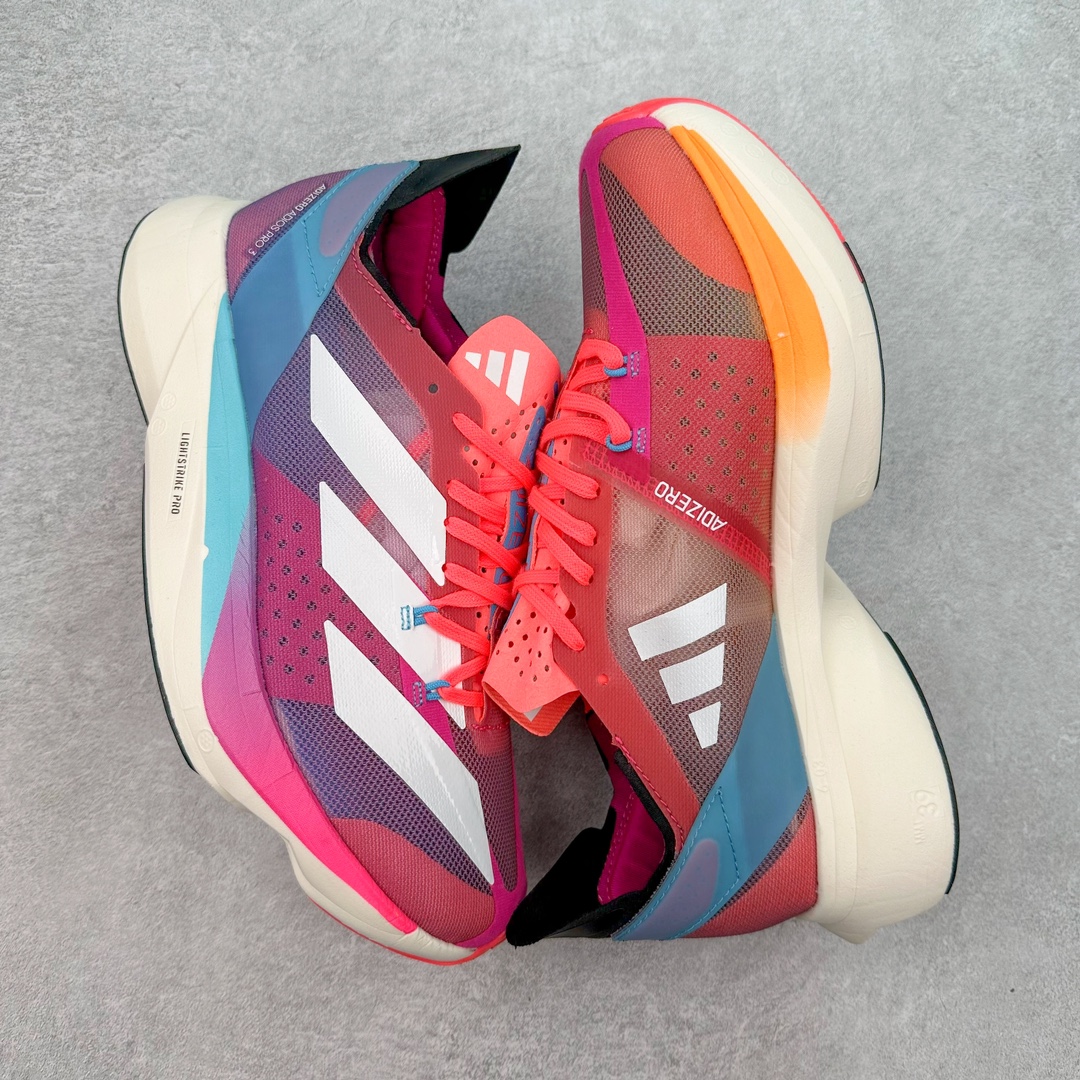 图片[3]-AD Adizero Adios Pro 3 马拉松竞速专业跑鞋 GW7258 CELERMESH针织网面非常轻薄 纤维间的缝隙很大 可以保证跑步时的透气、排汗效果 鞋舌直接与两侧的内衬和鞋底连接在一起 在跑步过程中不会被鞋舌的左右移动所困扰 在标准鞋带孔的基础上再拓宽一组鞋带孔 适合不同脚型的需求 突破性 EnergyRods 技术，有助于跑者实现更好的成绩 中底独特的LIGHTSTRIKE PRO泡棉材质 微弹感觉在跑步过程中给予了良好的支撑体验 对于顶级精英和高水平进阶跑者来说 ADIOS PRO是一双值得信赖的竞速比赛用鞋 尺码：36 36.5 37.5 38 38.5 39 40 40.5 41 42 42.5 43 44 44.5 45-选品中心