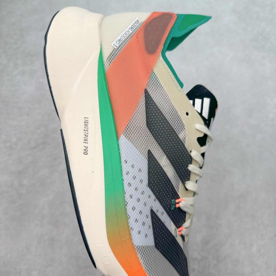 图片[6]-AD Adizero Adios Pro 3 马拉松竞速专业跑鞋 HQ3688 CELERMESH针织网面非常轻薄 纤维间的缝隙很大 可以保证跑步时的透气、排汗效果 鞋舌直接与两侧的内衬和鞋底连接在一起 在跑步过程中不会被鞋舌的左右移动所困扰 在标准鞋带孔的基础上再拓宽一组鞋带孔 适合不同脚型的需求 突破性 EnergyRods 技术，有助于跑者实现更好的成绩 中底独特的LIGHTSTRIKE PRO泡棉材质 微弹感觉在跑步过程中给予了良好的支撑体验 对于顶级精英和高水平进阶跑者来说 ADIOS PRO是一双值得信赖的竞速比赛用鞋 尺码：36 36.5 37.5 38 38.5 39 40 40.5 41 42 42.5 43 44 44.5 45-选品中心