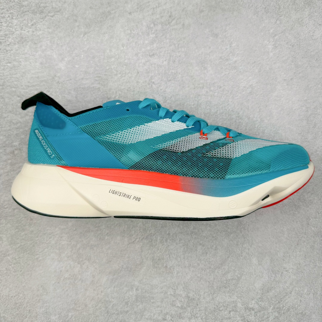 AD Adizero Adios Pro 3 马拉松竞速专业跑鞋 ID8473 CELERMESH针织网面非常轻薄 纤维间的缝隙很大 可以保证跑步时的透气、排汗效果 鞋舌直接与两侧的内衬和鞋底连接在一起 在跑步过程中不会被鞋舌的左右移动所困扰 在标准鞋带孔的基础上再拓宽一组鞋带孔 适合不同脚型的需求 突破性 EnergyRods 技术，有助于跑者实现更好的成绩 中底独特的LIGHTSTRIKE PRO泡棉材质 微弹感觉在跑步过程中给予了良好的支撑体验 对于顶级精英和高水平进阶跑者来说 ADIOS PRO是一双值得信赖的竞速比赛用鞋 尺码：36 36.5 37.5 38 38.5 39 40 40.5 41 42 42.5 43 44 44.5 45-选品中心